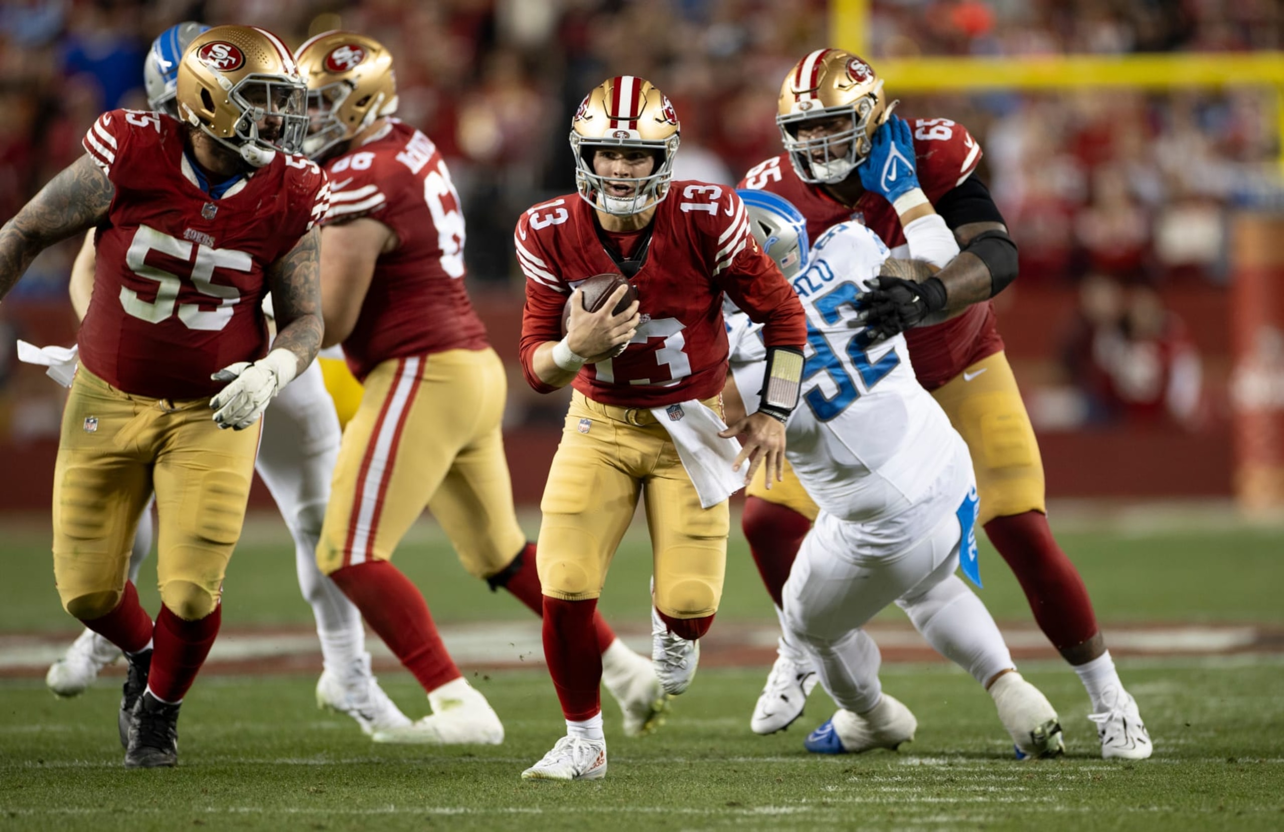 SANTA CLARA, CA - JANUARY 28: Brock Purdy #13 of the San Francisco 49ers rushes during the NFC Championship game against the Detroit Lions at Levi's Stadium on January 28, 2024 in Santa Clara, California. The 49ers defeated the Lions 34-31. (Photo by Michael Zagaris/San Francisco 49ers/Getty Images)