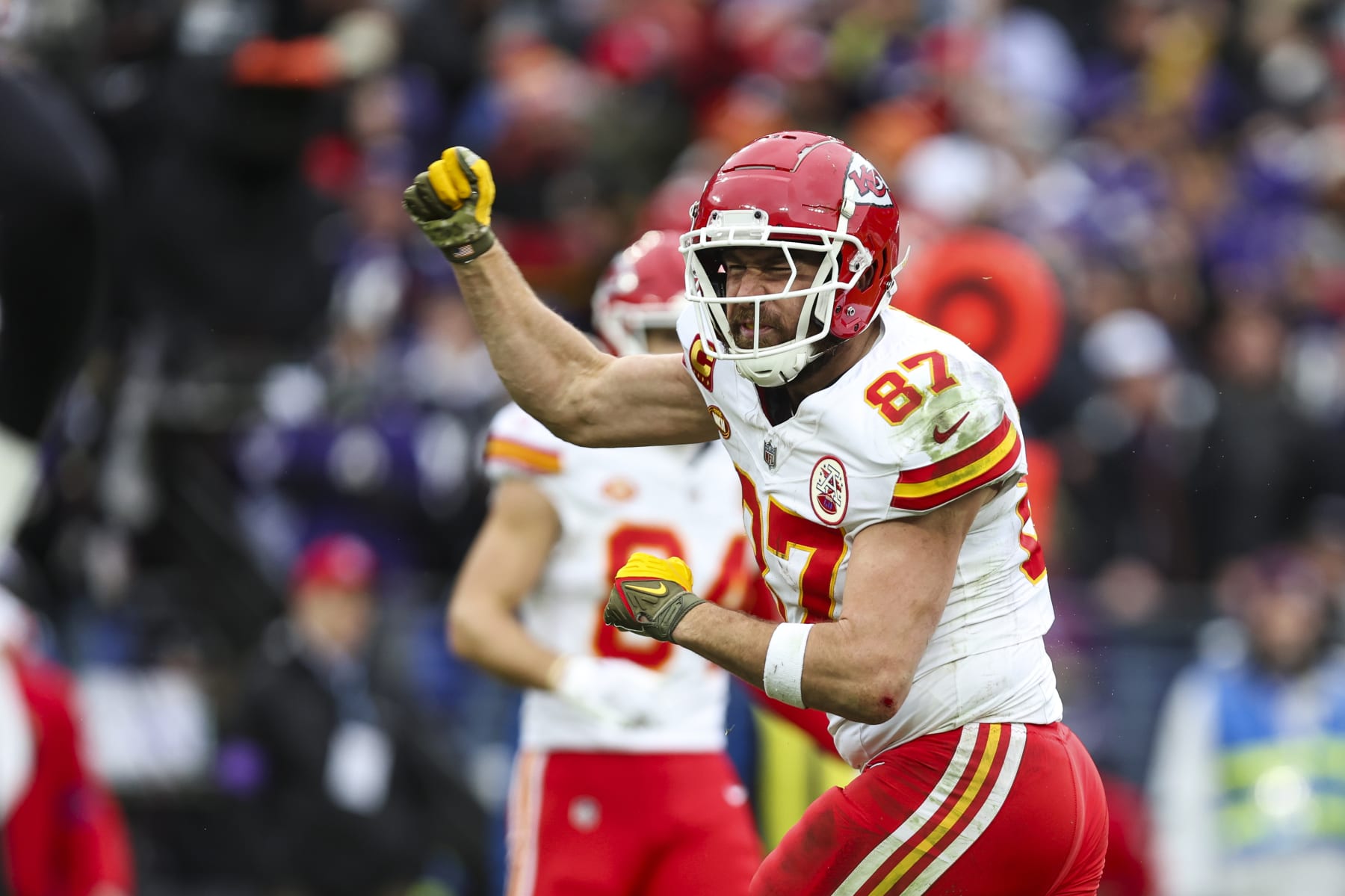 BALTIMORE, MD - JANUARY 28: Travis Kelce #87 of the Kansas City Chiefs celebrates during the AFC Championship NFL football game against the Baltimore Ravens at M&T Bank Stadium on January 28, 2024 in Baltimore, Maryland. (Photo by Perry Knotts/Getty Images)