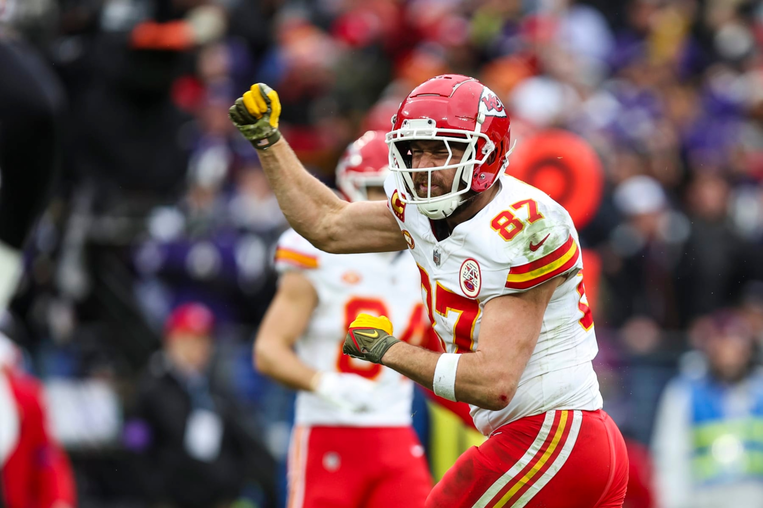 BALTIMORE, MD - JANUARY 28: Travis Kelce #87 of the Kansas City Chiefs celebrates during the AFC Championship NFL football game against the Baltimore Ravens at M&T Bank Stadium on January 28, 2024 in Baltimore, Maryland. (Photo by Perry Knotts/Getty Images)
