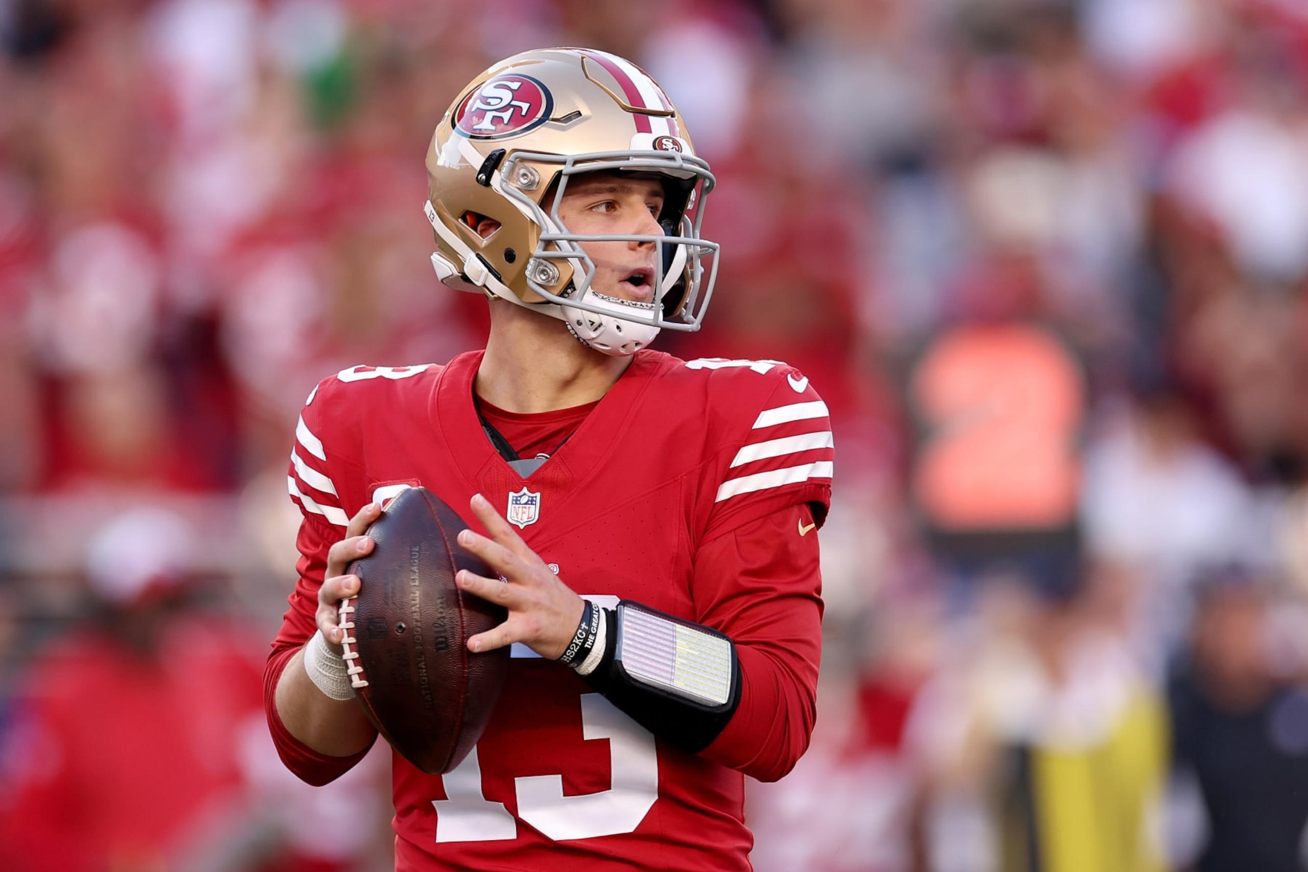 SANTA CLARA, CALIFORNIA - JANUARY 28: Brock Purdy #13 of the San Francisco 49ers drops back to pass the ball against the Detroit Lions in the NFC Championship Game at Levi's Stadium on January 28, 2024 in Santa Clara, California. (Photo by Ezra Shaw/Getty Images)