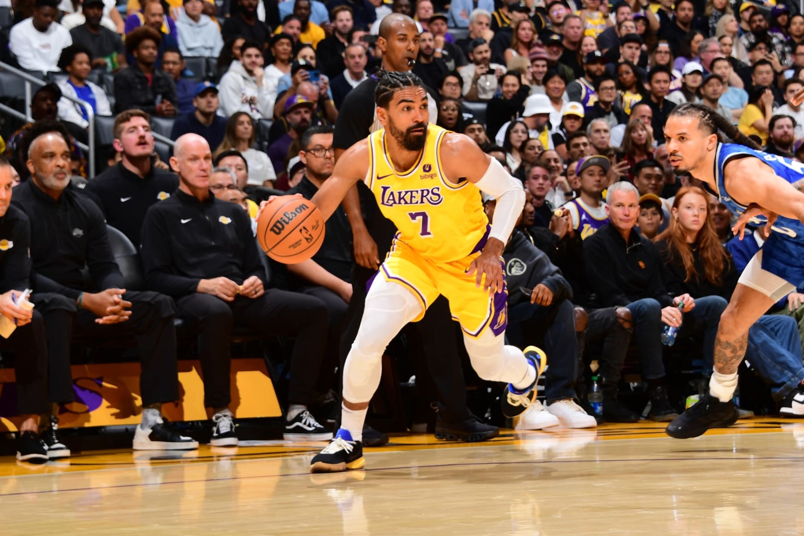LOS ANGELES, CA - OCTOBER 30: Gabe Vincent #7 of the Los Angeles Lakers dribbles the ball during the game against the Orlando Magic on October 30, 2023 at Crypto.Com Arena in Los Angeles, California. NOTE TO USER: User expressly acknowledges and agrees that, by downloading and/or using this Photograph, user is consenting to the terms and conditions of the Getty Images License Agreement. Mandatory Copyright Notice: Copyright 2023 NBAE (Photo by Adam Pantozzi/NBAE via Getty Images) LOS ANGELES, CA - OCTOBER 30: Gabe Vincent #7 of the Los Angeles Lakers dribbles the ball during the game against the Orlando Magic on October 30, 2023 at Crypto.Com Arena in Los Angeles, California. NOTE TO USER: User expressly acknowledges and agrees that, by downloading and/or using this Photograph, user is consenting to the terms and conditions of the Getty Images License Agreement. Mandatory Copyright Notice: Copyright 2023 NBAE (Photo by Adam Pantozzi/NBAE via Getty Images)
