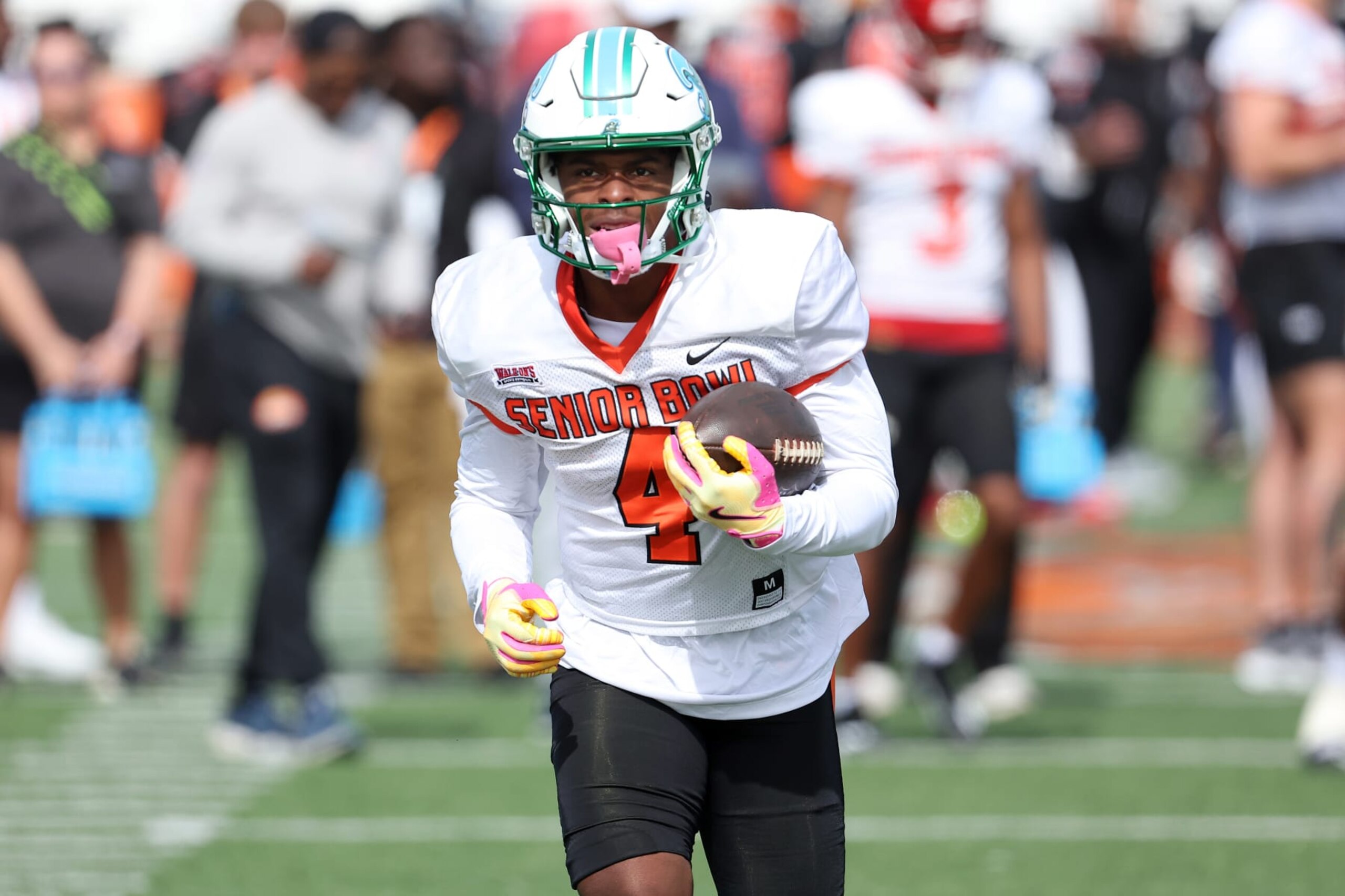 MOBILE, AL - FEBRUARY 01: American wide receiver Jha'Quan Jackson of Tulane (4) during the American team practice for the Reese's Senior Bowl on February 31, 2024 at Hancock Whitney Stadium in Mobile, Alabama.  (Photo by Michael Wade/Icon Sportswire via Getty Images)