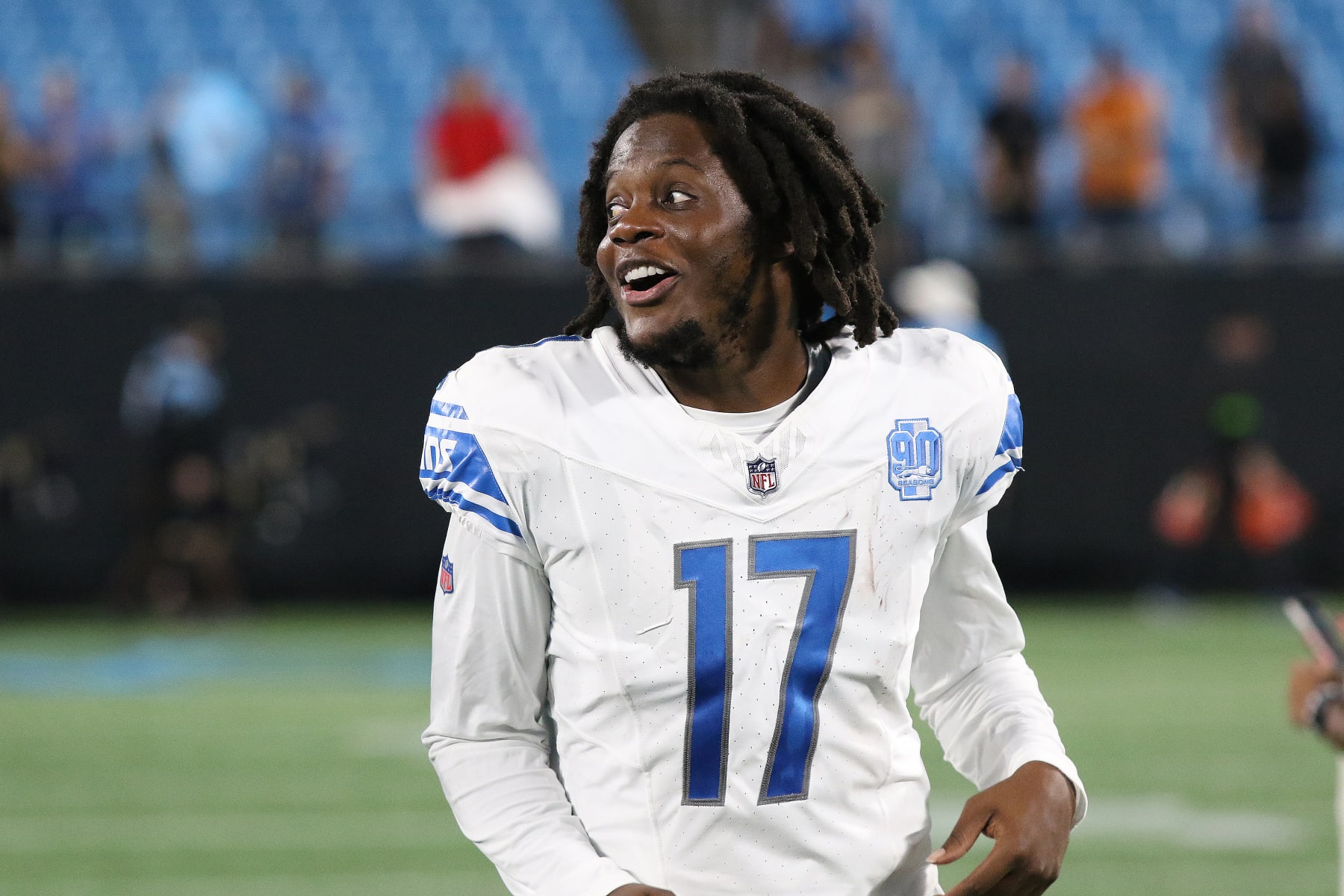 CHARLOTTE, NC - AUGUST 25: Detroit Lions quarterback Teddy Bridgewater (17) during a preseason NFL football game between the Detroit Lions and the Carolina Panthers on August 25, 2023, at Bank of America Stadium in Charlotte, N.C. (Photo by John Byrum/Icon Sportswire via Getty Images)