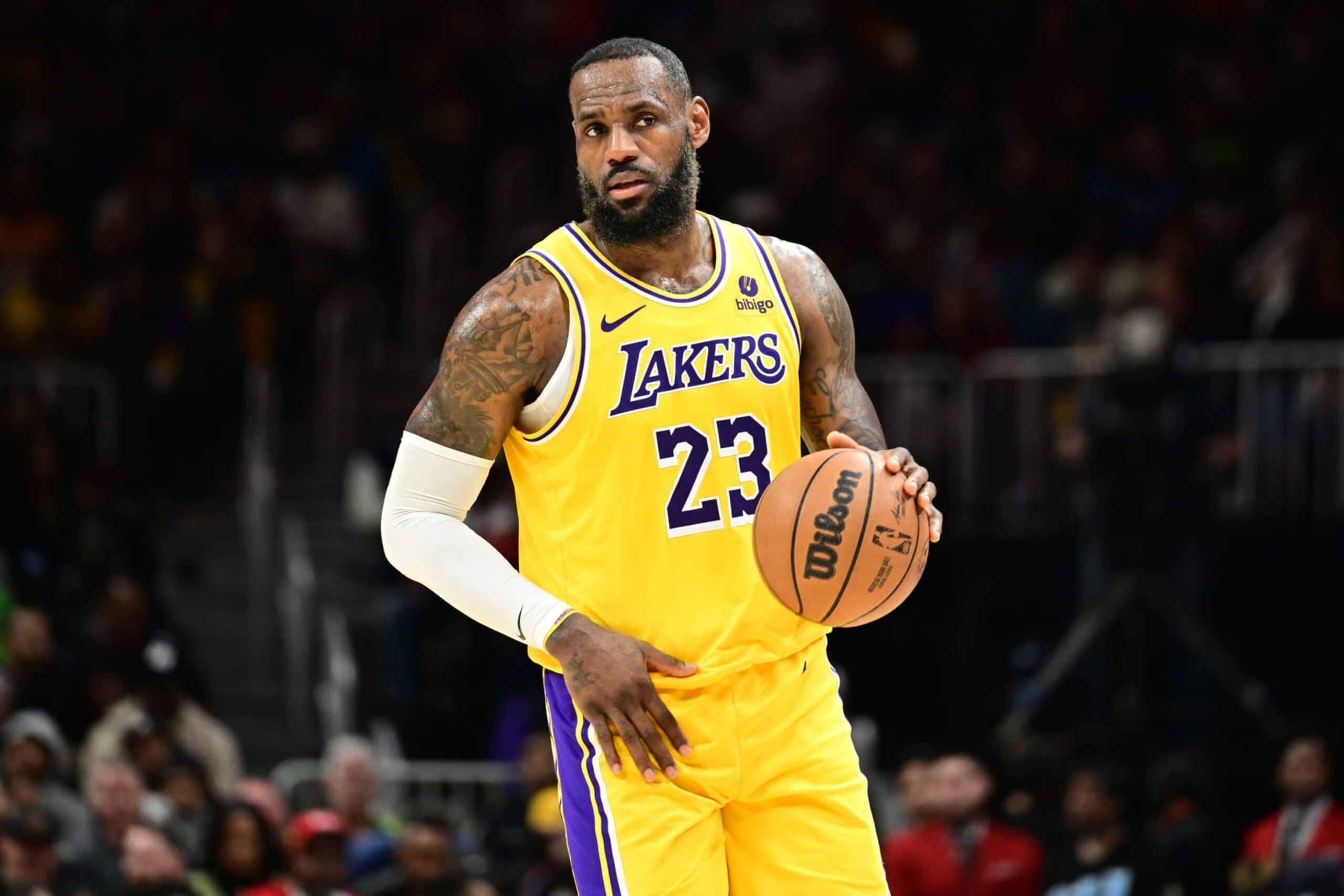 ATLANTA, GA - JANUARY 30: LeBron James #23 of the Los Angeles Lakers handles the ball during the game against the Atlanta Hawks on January 30, 2024 at State Farm Arena in Atlanta, Georgia. NOTE TO USER: User expressly acknowledges and agrees that, by downloading and/or using this Photograph, user is consenting to the terms and conditions of the Getty Images License Agreement. Mandatory Copyright Notice: Copyright 2024 NBAE (Photo by Adam Hagy/NBAE via Getty Images) ATLANTA, GA - JANUARY 30: LeBron James #23 of the Los Angeles Lakers handles the ball during the game against the Atlanta Hawks on January 30, 2024 at State Farm Arena in Atlanta, Georgia. NOTE TO USER: User expressly acknowledges and agrees that, by downloading and/or using this Photograph, user is consenting to the terms and conditions of the Getty Images License Agreement. Mandatory Copyright Notice: Copyright 2024 NBAE (Photo by Adam Hagy/NBAE via Getty Images)