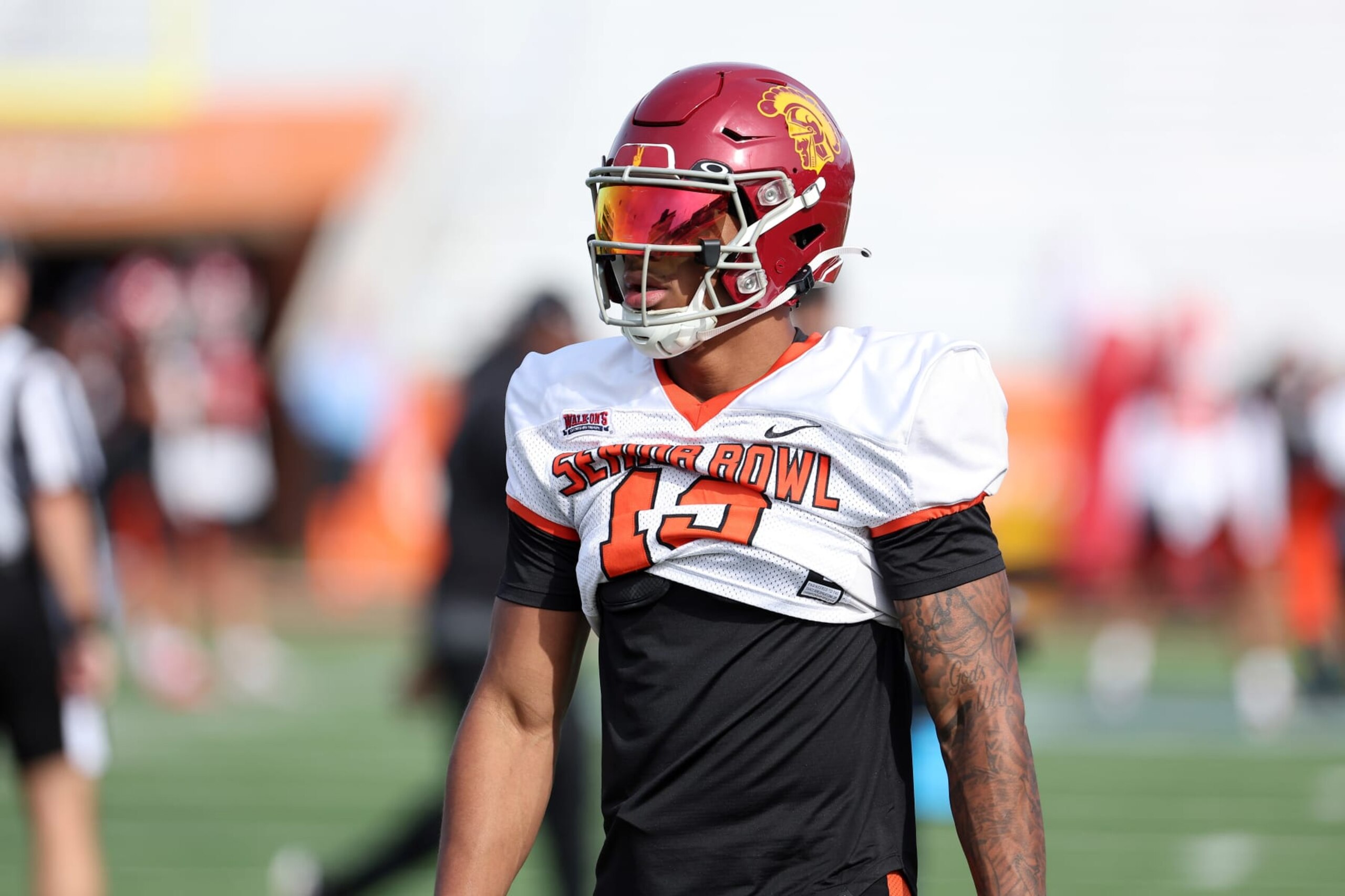 MOBILE, AL - FEBRUARY 01: National wide receiver Brenden Rice of USC (13) during the National team practice for the Reese's Senior Bowl on February 31, 2024 at Hancock Whitney Stadium in Mobile, Alabama.  (Photo by Michael Wade/Icon Sportswire via Getty Images)