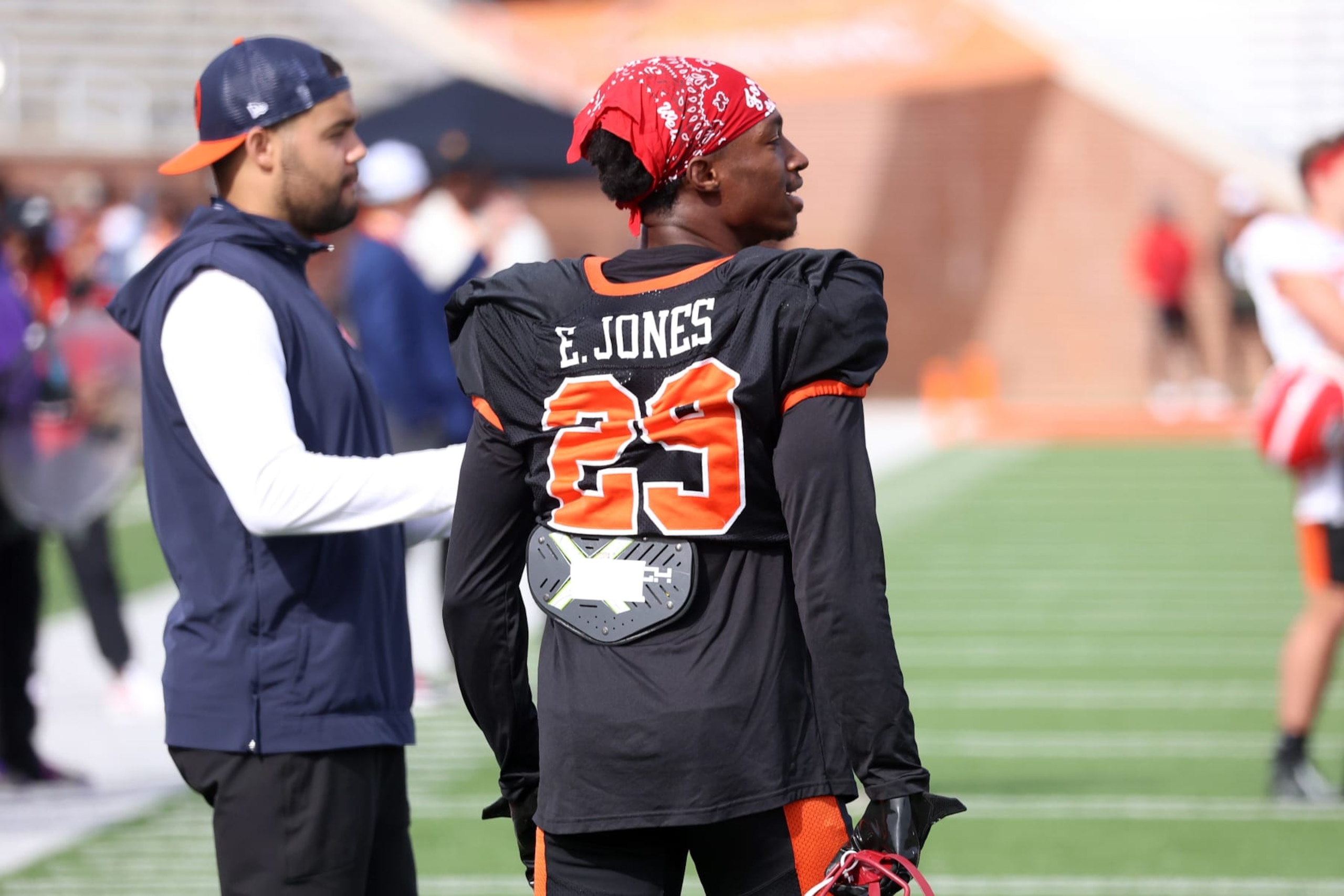 MOBILE, AL - FEBRUARY 01: American defensive back Elijah Jones of Boston College (29) during the American team practice for the Reese's Senior Bowl on February 31, 2024 at Hancock Whitney Stadium in Mobile, Alabama.  (Photo by Michael Wade/Icon Sportswire via Getty Images)