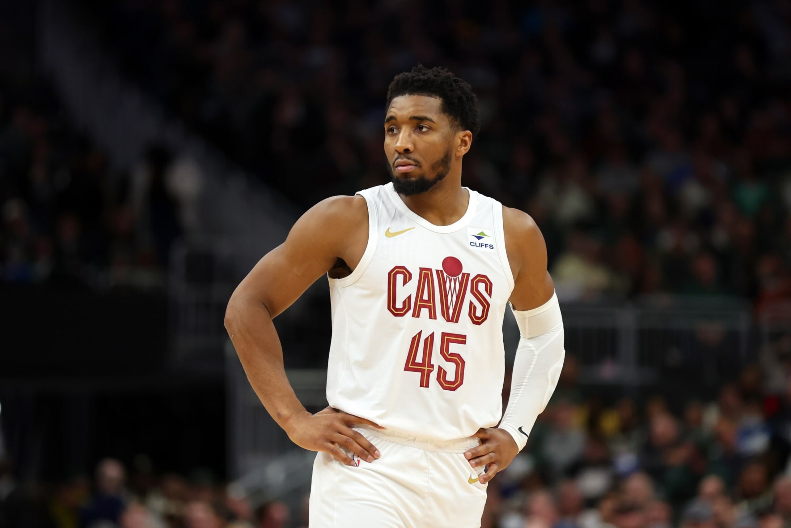 MILWAUKEE, WISCONSIN - JANUARY 24: Donovan Mitchell #45 of the Cleveland Cavaliers waits for a free throw during a game against the Milwaukee Bucks at Fiserv Forum on January 24, 2024 in Milwaukee, Wisconsin. NOTE TO USER: User expressly acknowledges and agrees that, by downloading and or using this photograph, User is consenting to the terms and conditions of the Getty Images License Agreement. (Photo by Stacy Revere/Getty Images)