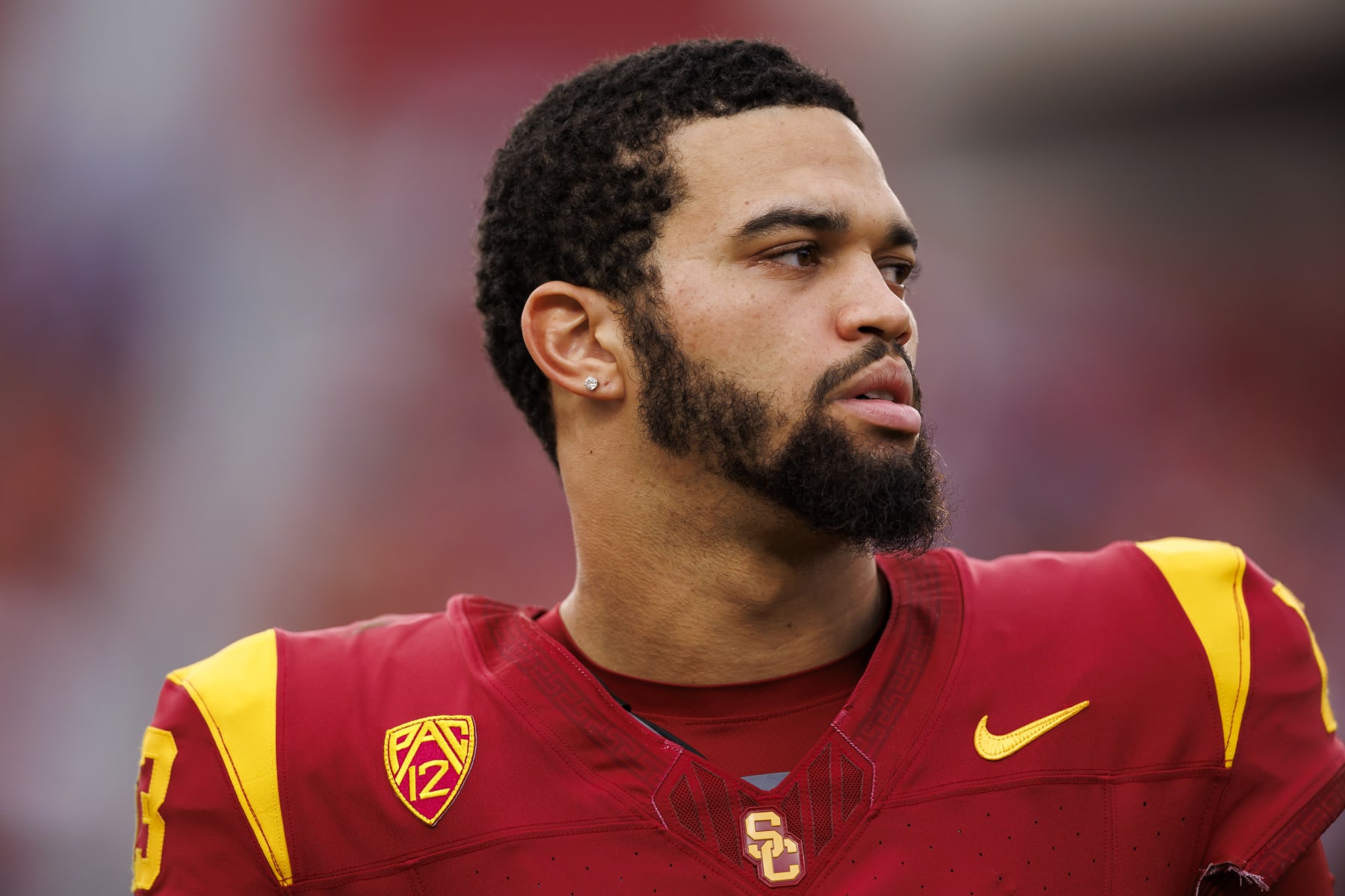 LOS ANGELES, CALIFORNIA - NOVEMBER 18: Caleb Williams #13 of the USC Trojans looks on during the first half of a game against the UCLA Bruins at United Airlines Field at the Los Angeles Memorial Coliseum on November 18, 2023 in Los Angeles, California. (Photo by Ryan Kang/Getty Images)