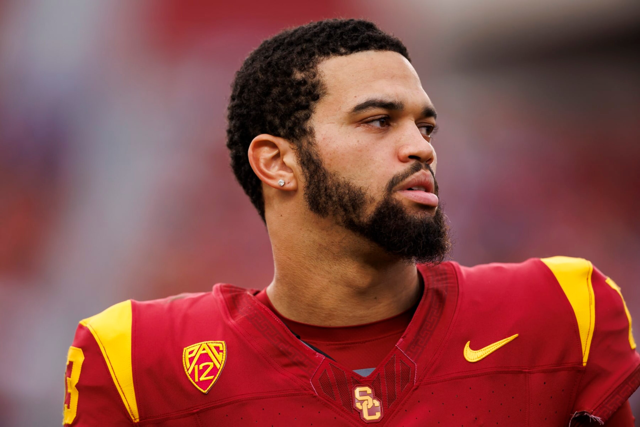 LOS ANGELES, CALIFORNIA - NOVEMBER 18: Caleb Williams #13 of the USC Trojans looks on during the first half of a game against the UCLA Bruins at United Airlines Field at the Los Angeles Memorial Coliseum on November 18, 2023 in Los Angeles, California. (Photo by Ryan Kang/Getty Images) LOS ANGELES, CALIFORNIA - NOVEMBER 18: Caleb Williams #13 of the USC Trojans looks on during the first half of a game against the UCLA Bruins at United Airlines Field at the Los Angeles Memorial Coliseum on November 18, 2023 in Los Angeles, California. (Photo by Ryan Kang/Getty Images)