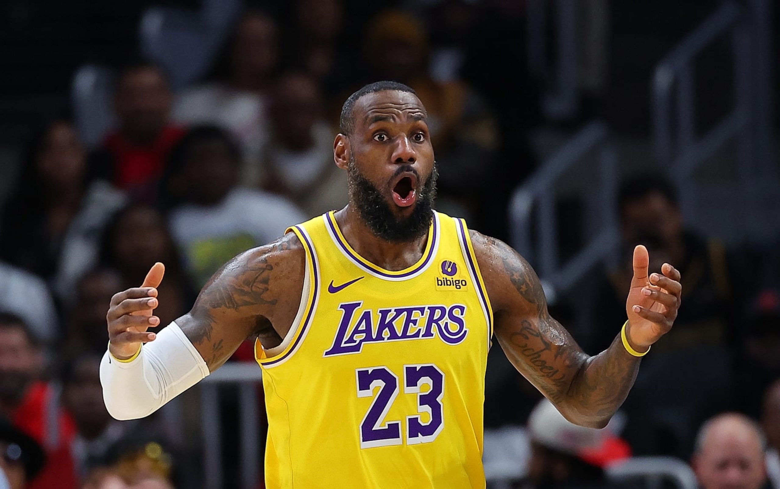 ATLANTA, GEORGIA - JANUARY 30:  LeBron James #23 of the Los Angeles Lakers reacts to a call against the Atlanta Hawks during the first quarter at State Farm Arena on January 30, 2024 in Atlanta, Georgia.  NOTE TO USER: User expressly acknowledges and agrees that, by downloading and/or using this photograph, user is consenting to the terms and conditions of the Getty Images License Agreement.  (Photo by Kevin C. Cox/Getty Images). (Photo by Kevin C. Cox/Getty Images)