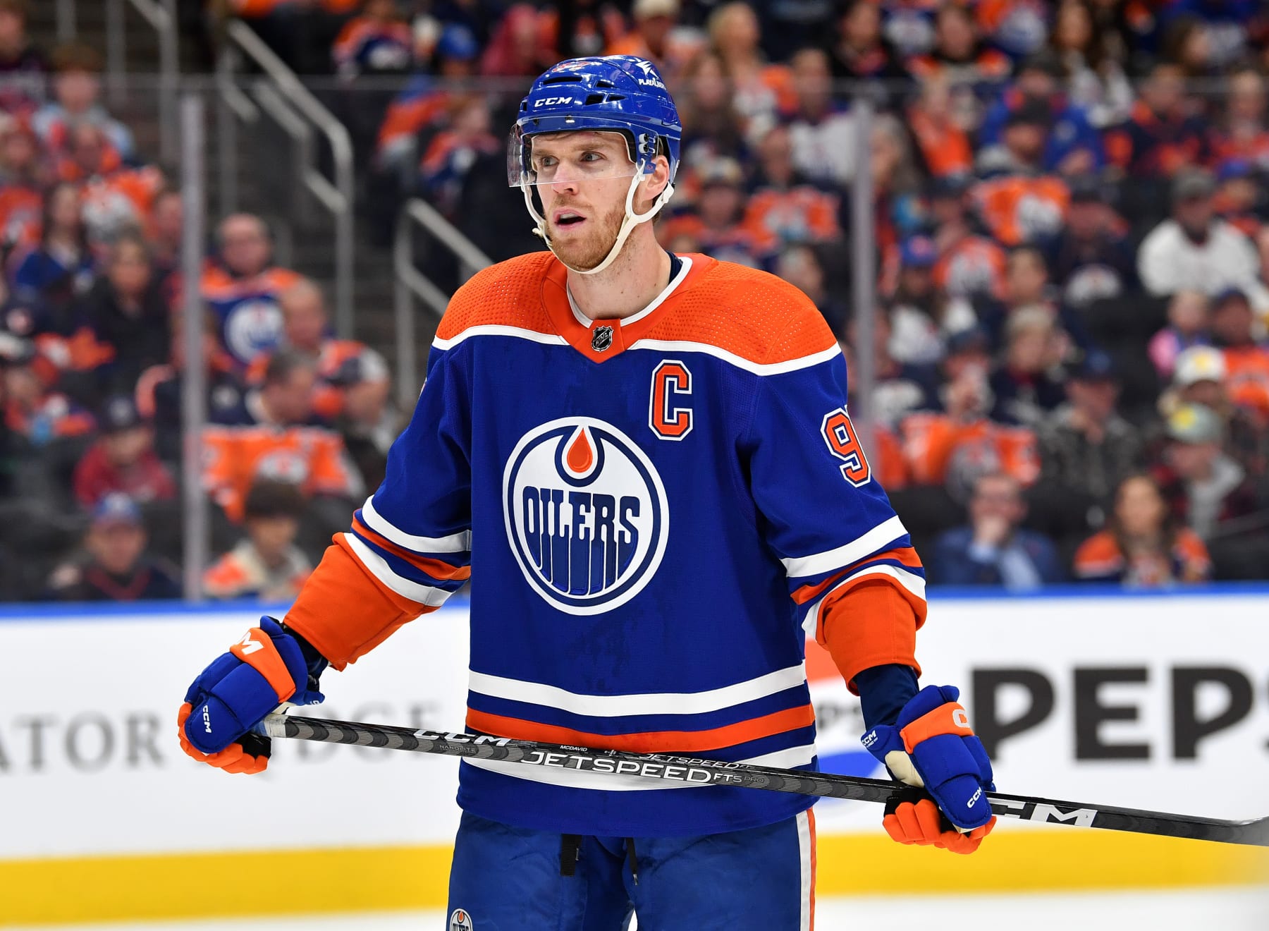 EDMONTON, CANADA - JANUARY 27: Connor McDavid #97 of the Edmonton Oilers awaits a face-off during the game against the Nashville Predators at Rogers Place on January 27, 2024, in Edmonton, Alberta, Canada. (Photo by Andy Devlin/NHLI via Getty Images)