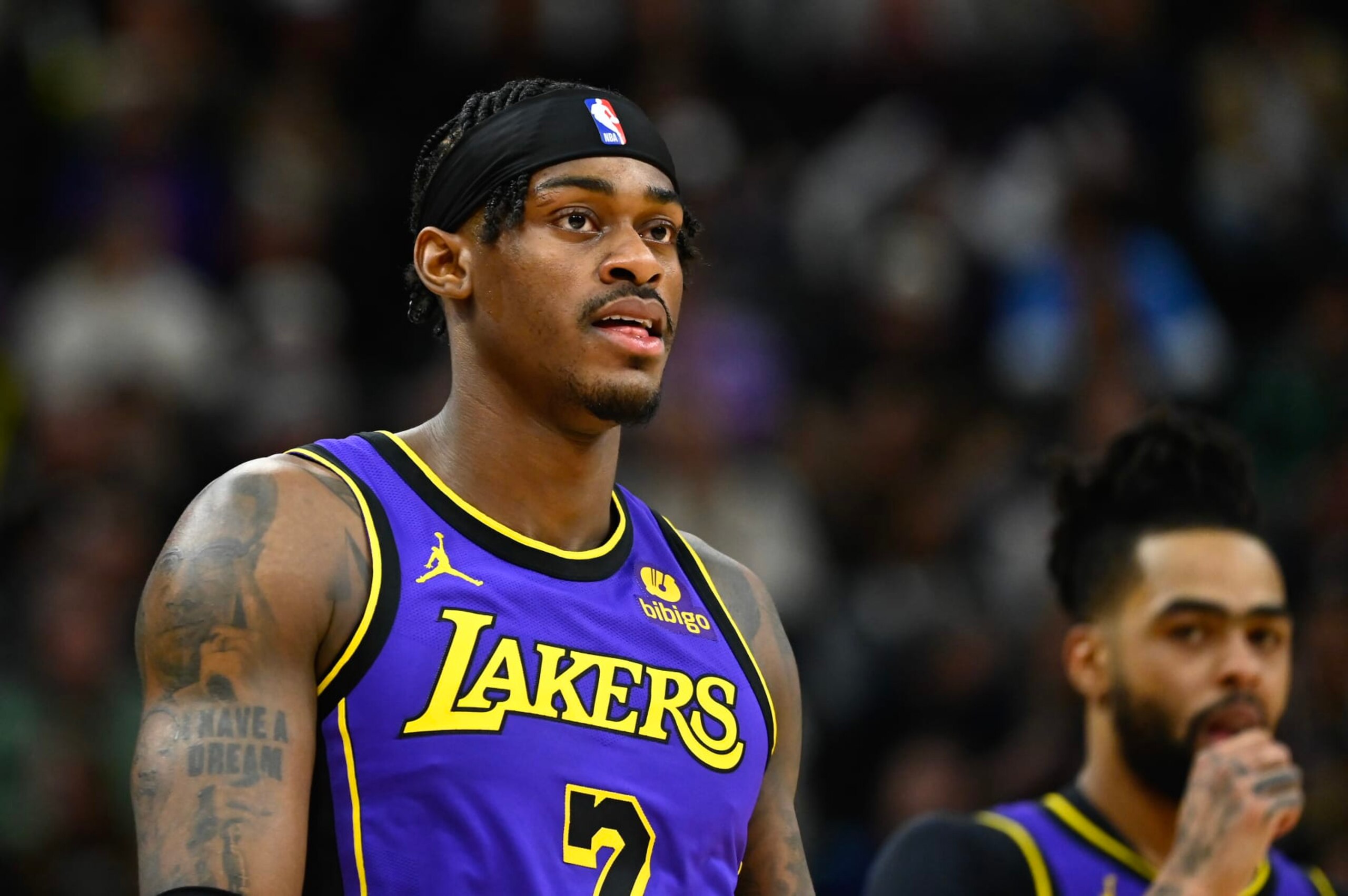 SALT LAKE CITY, UTAH - JANUARY 13: Jarred Vanderbilt #2 of the Los Angeles Lakers in action during the second half of a game against the Utah Jazz at Delta Center on January 13, 2024 in Salt Lake City, Utah. NOTE TO USER: User expressly acknowledges and agrees that, by downloading and or using this photograph, User is consenting to the terms and conditions of the Getty Images License Agreement. (Photo by Alex Goodlett/Getty Images)