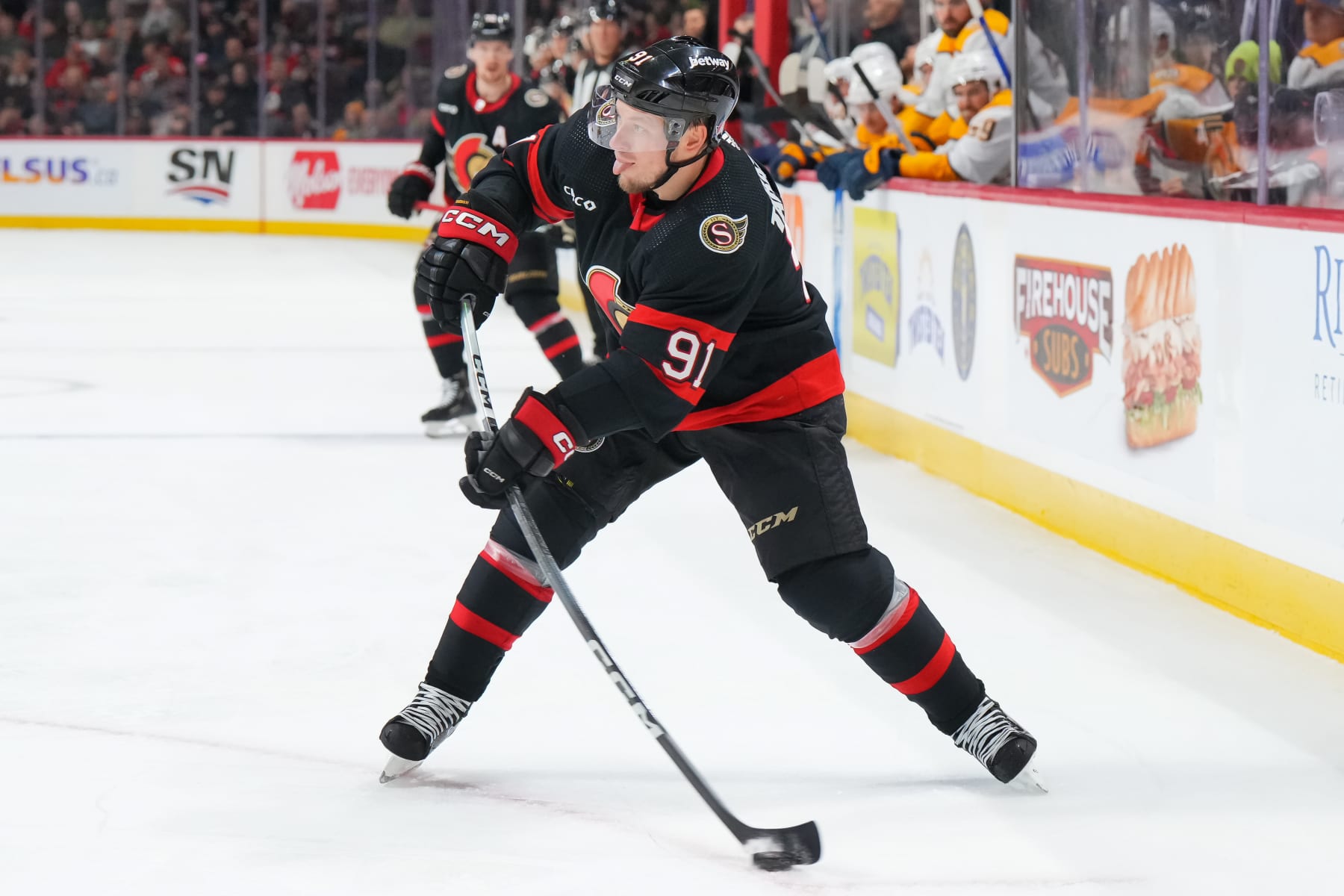 OTTAWA, CANADA - JANUARY 29:  Vladimir Tarasenko #91 of the Ottawa Senators shoots the puck against the Nashville Predators at Canadian Tire Centre on January 29, 2024 in Ottawa, Ontario, Canada.  (Photo by André Ringuette/NHLI via Getty Images)