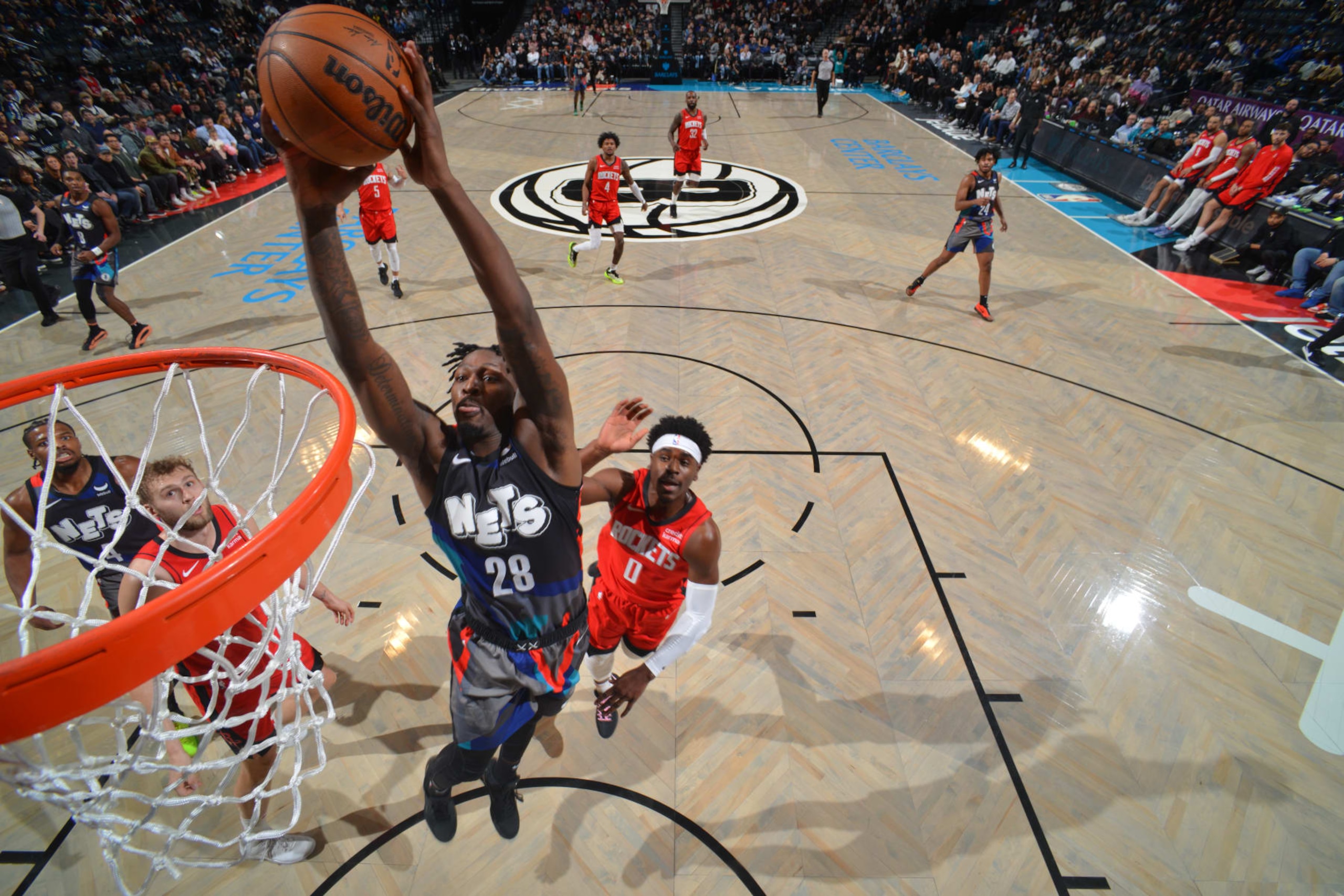 BROOKLYN, NY - JANUARY 27: Dorian Finney-Smith #28 of the Brooklyn Nets dunks the ball during the game against the Houston Rockets on January 27, 2024 at Barclays Center in Brooklyn, New York. NOTE TO USER: User expressly acknowledges and agrees that, by downloading and or using this Photograph, user is consenting to the terms and conditions of the Getty Images License Agreement. Mandatory Copyright Notice: Copyright 2024 NBAE (Photo by Jesse D. Garrabrant/NBAE via Getty Images) BROOKLYN, NY - JANUARY 27: Dorian Finney-Smith #28 of the Brooklyn Nets dunks the ball during the game against the Houston Rockets on January 27, 2024 at Barclays Center in Brooklyn, New York. NOTE TO USER: User expressly acknowledges and agrees that, by downloading and or using this Photograph, user is consenting to the terms and conditions of the Getty Images License Agreement. Mandatory Copyright Notice: Copyright 2024 NBAE (Photo by Jesse D. Garrabrant/NBAE via Getty Images)