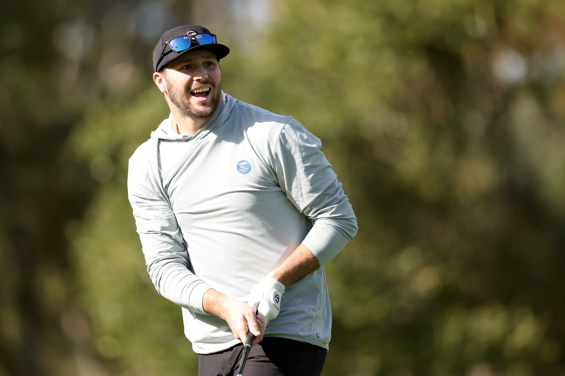PEBBLE BEACH, CALIFORNIA - FEBRUARY 01: Josh Allen of the NFL Buffalo Bills plays his shot from the 13th tee during the first round of the AT&T Pebble Beach Pro-Am at Spyglass Hill Golf Course on February 01, 2024 in Pebble Beach, California. (Photo by Ezra Shaw/Getty Images)