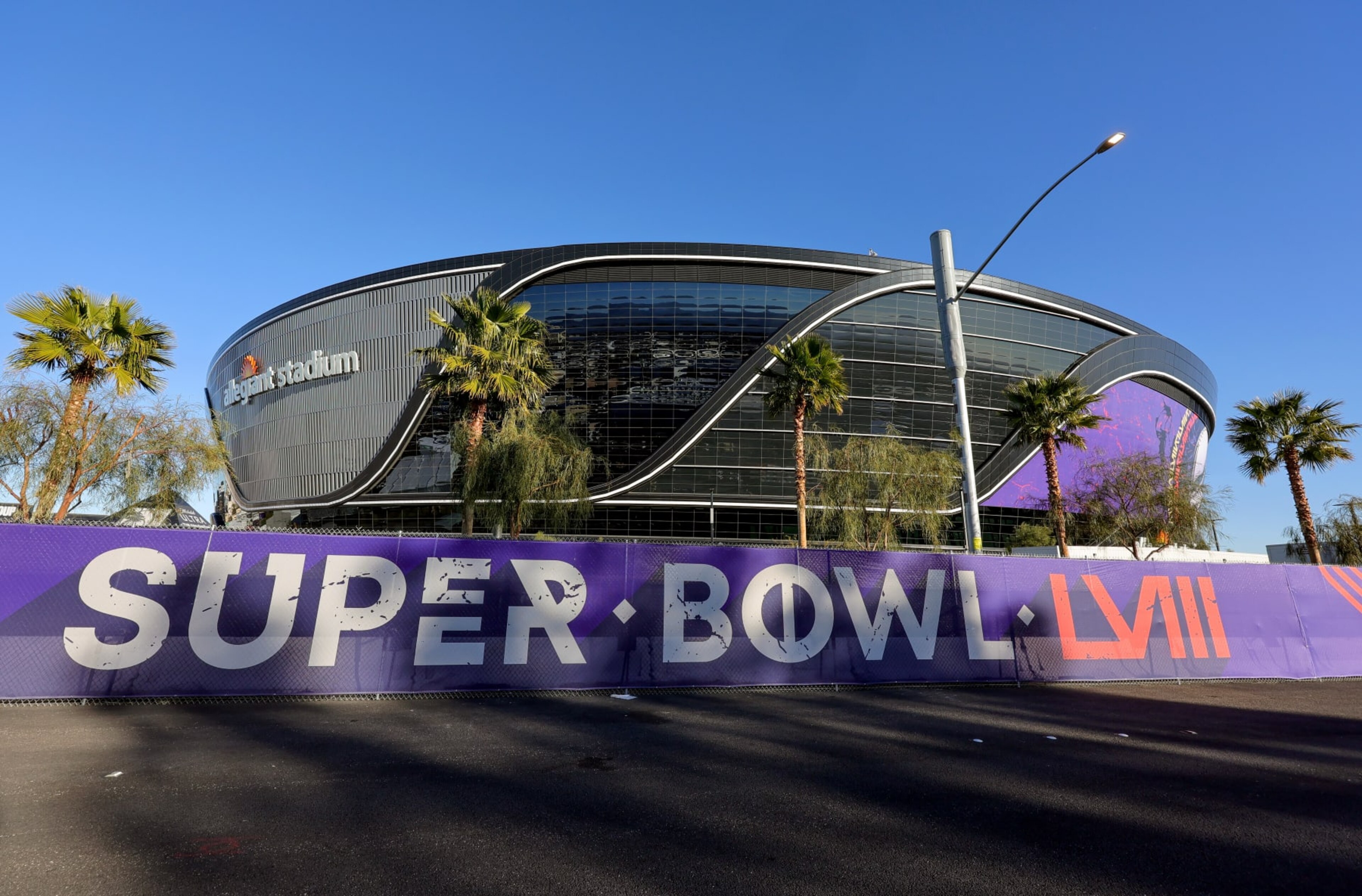 LAS VEGAS, NEVADA - JANUARY 30: An exterior view shows signage for Super Bowl LVIII on fencing around Allegiant Stadium on January 30, 2024 in Las Vegas, Nevada. The game will be played on February 11, 2024, between the Kansas City Chiefs and the San Francisco 49ers. (Photo by Ethan Miller/Getty Images) LAS VEGAS, NEVADA - JANUARY 30: An exterior view shows signage for Super Bowl LVIII on fencing around Allegiant Stadium on January 30, 2024 in Las Vegas, Nevada. The game will be played on February 11, 2024, between the Kansas City Chiefs and the San Francisco 49ers. (Photo by Ethan Miller/Getty Images)
