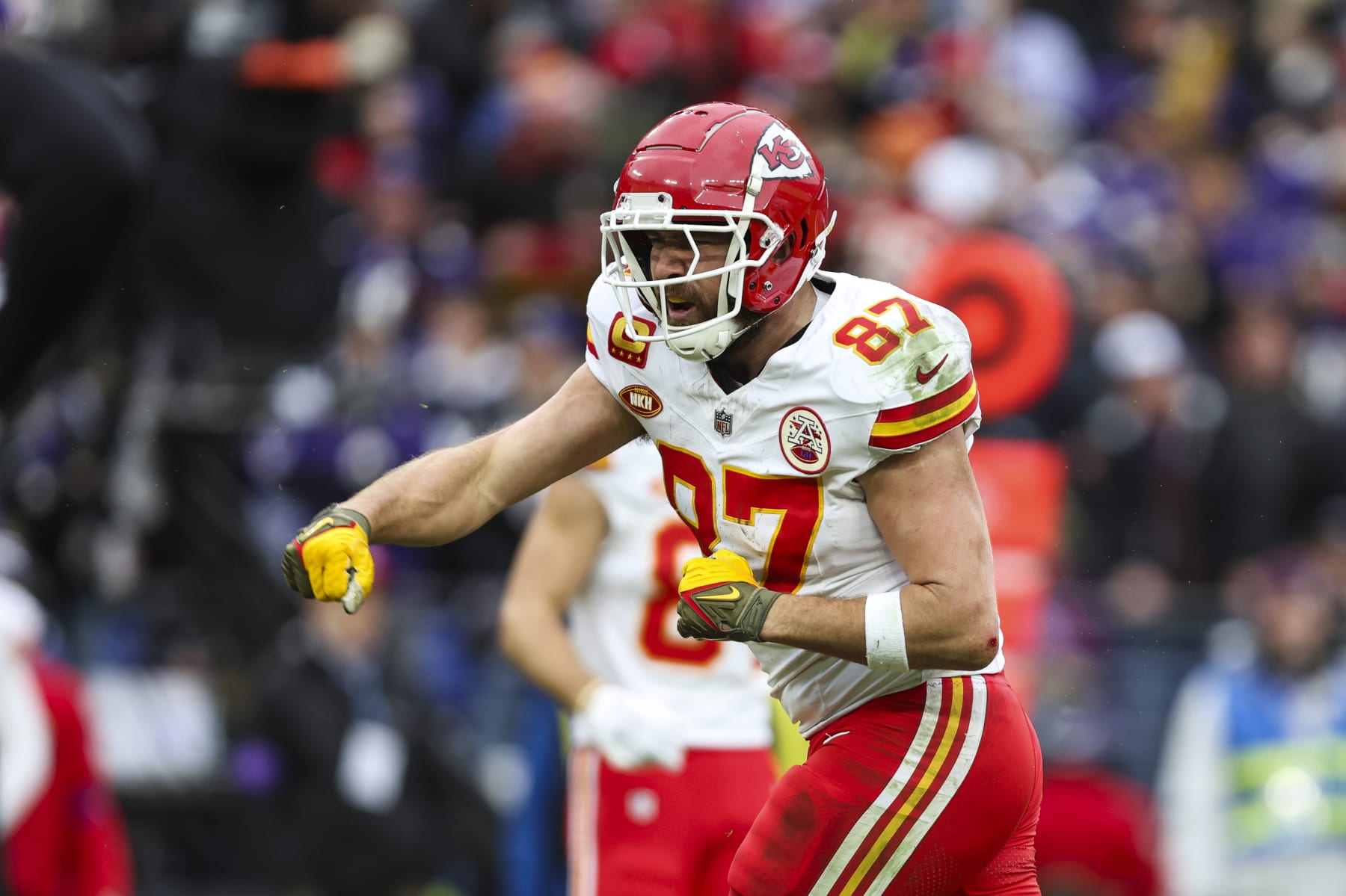 BALTIMORE, MD - JANUARY 28: Travis Kelce #87 of the Kansas City Chiefs celebrates during the AFC Championship NFL football game against the Baltimore Ravens at M&T Bank Stadium on January 28, 2024 in Baltimore, Maryland. (Photo by Perry Knotts/Getty Images)