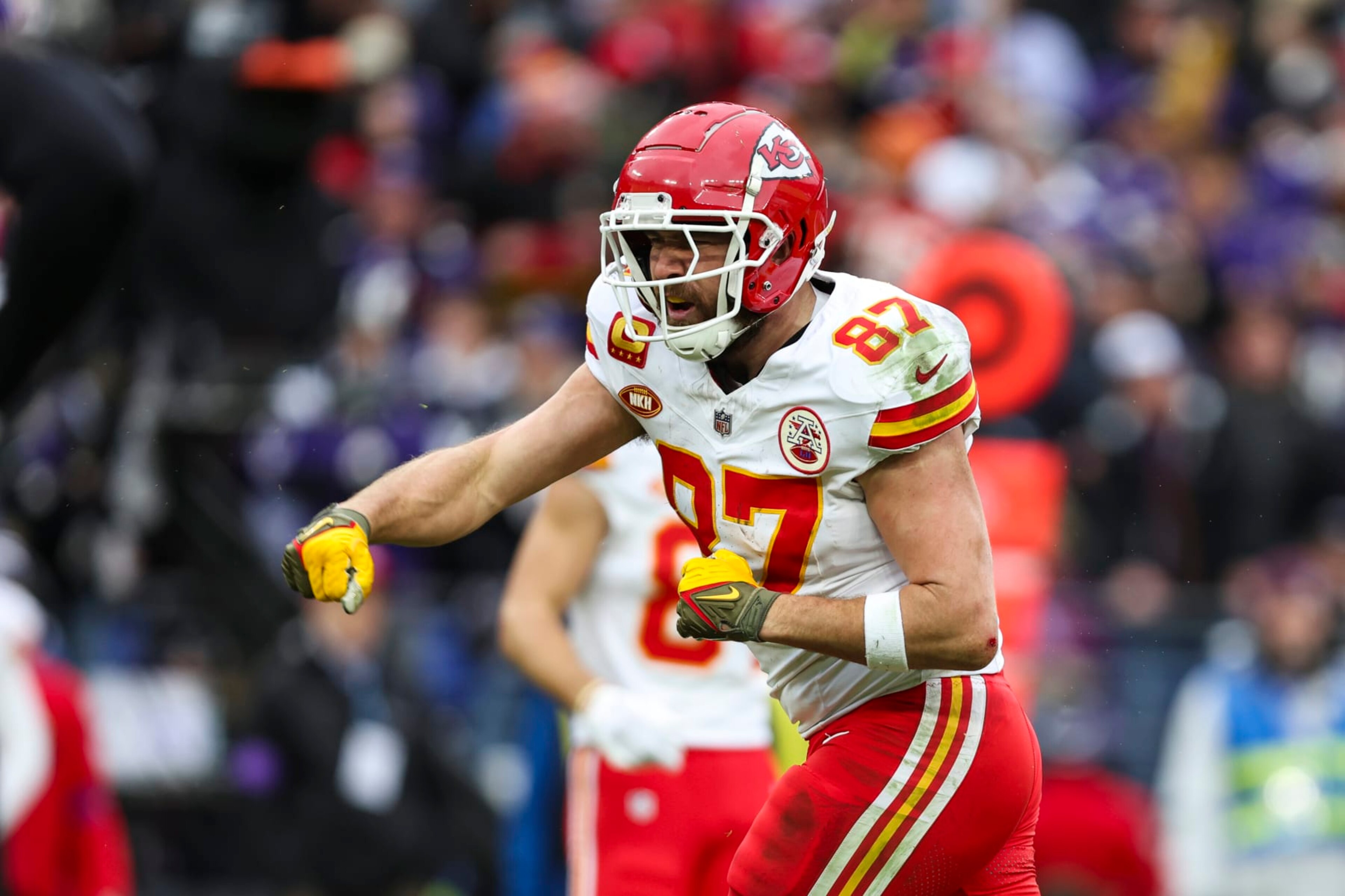 BALTIMORE, MD - JANUARY 28: Travis Kelce #87 of the Kansas City Chiefs celebrates during the AFC Championship NFL football game against the Baltimore Ravens at M&T Bank Stadium on January 28, 2024 in Baltimore, Maryland. (Photo by Perry Knotts/Getty Images) BALTIMORE, MD - JANUARY 28: Travis Kelce #87 of the Kansas City Chiefs celebrates during the AFC Championship NFL football game against the Baltimore Ravens at M&T Bank Stadium on January 28, 2024 in Baltimore, Maryland. (Photo by Perry Knotts/Getty Images)