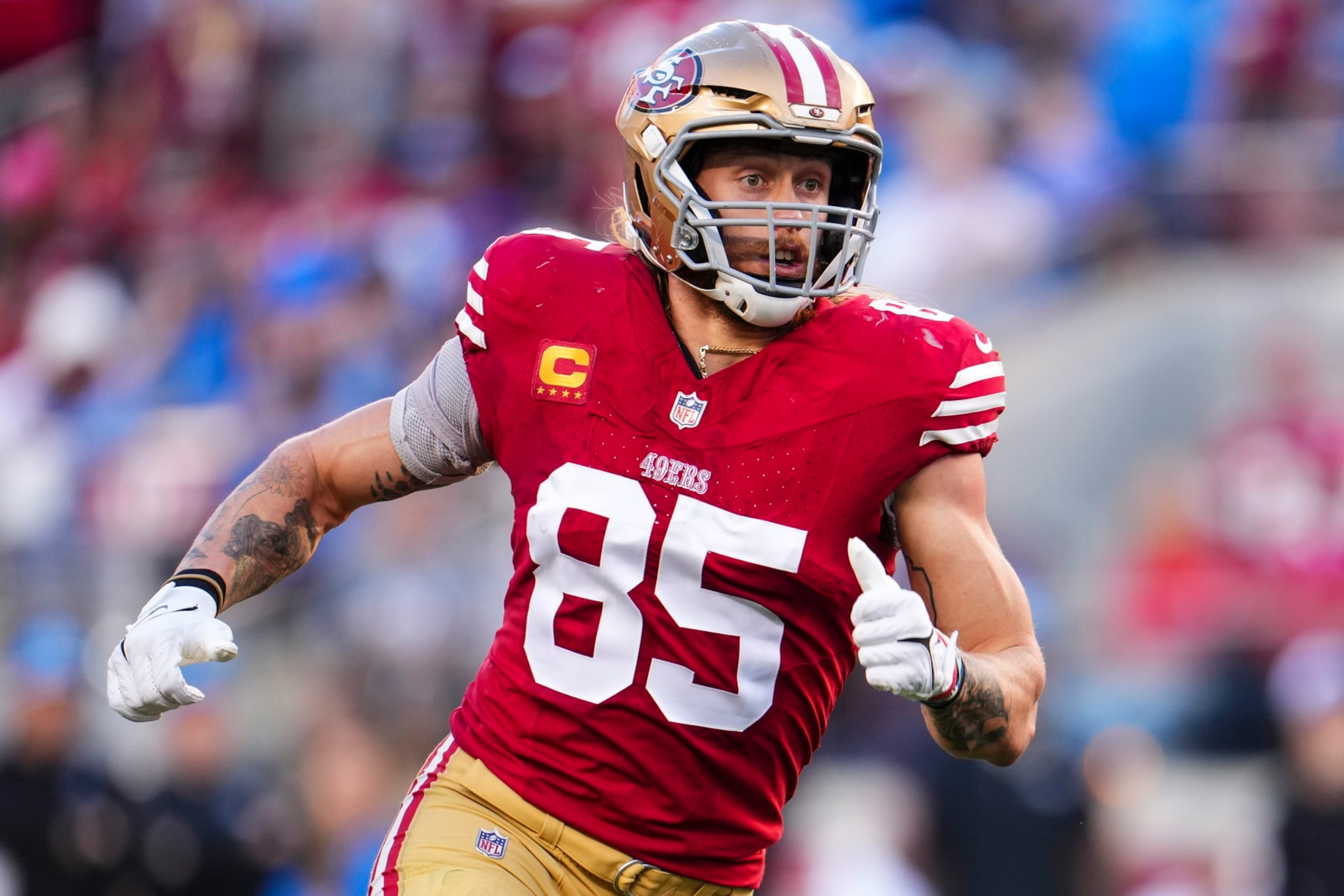 SANTA CLARA, CA - JANUARY 28: George Kittle #85 of the San Francisco 49ers runs a route during the NFC Championship NFL football game against the Detroit Lions at Levi's Stadium on January 28, 2024 in Santa Clara, California. (Photo by Cooper Neill/Getty Images)