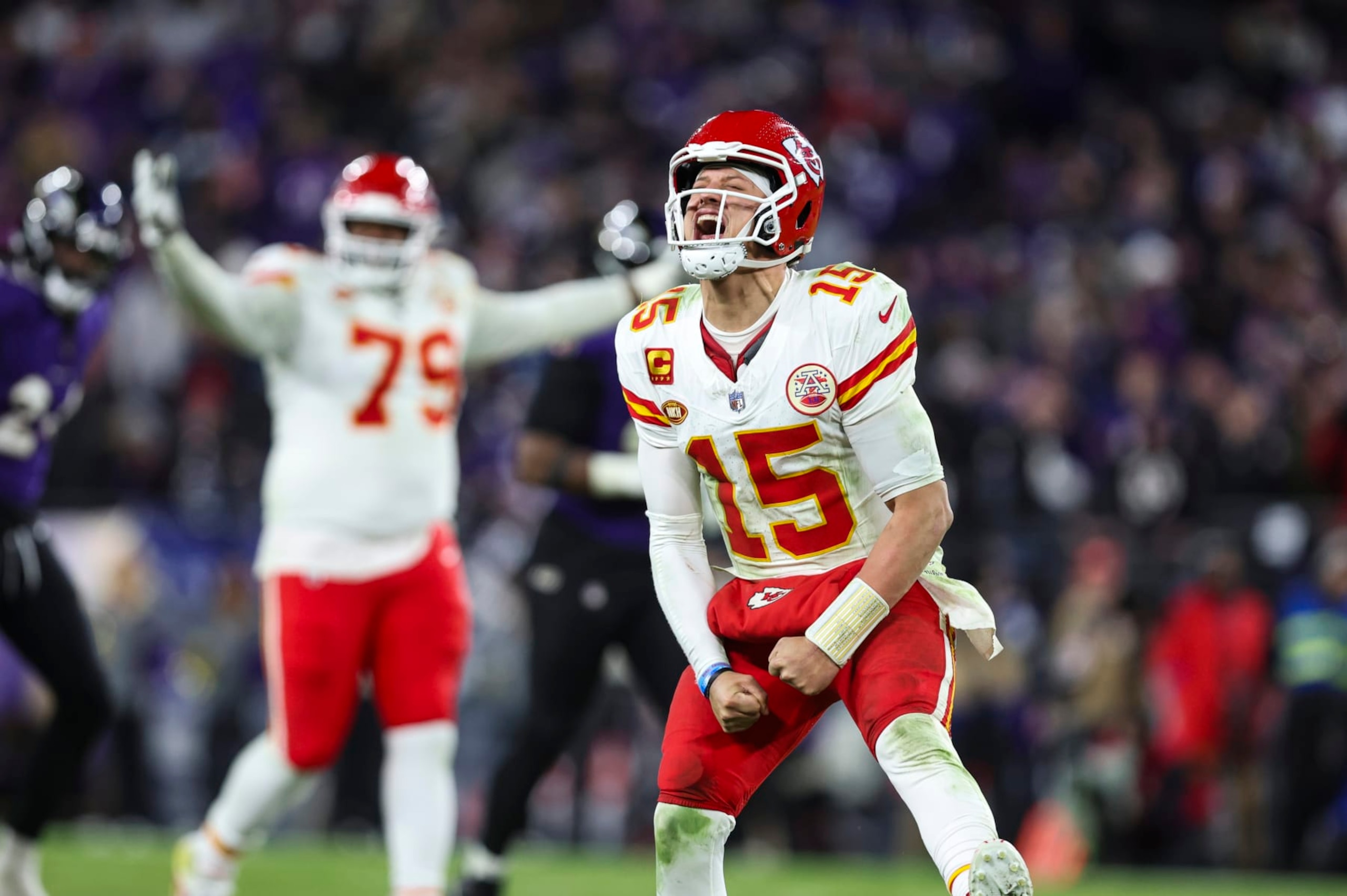 BALTIMORE, MD - JANUARY 28: Patrick Mahomes #15 of the Kansas City Chiefs celebrates during the AFC Championship NFL football game against the Baltimore Ravens at M&T Bank Stadium on January 28, 2024 in Baltimore, Maryland. (Photo by Perry Knotts/Getty Images)