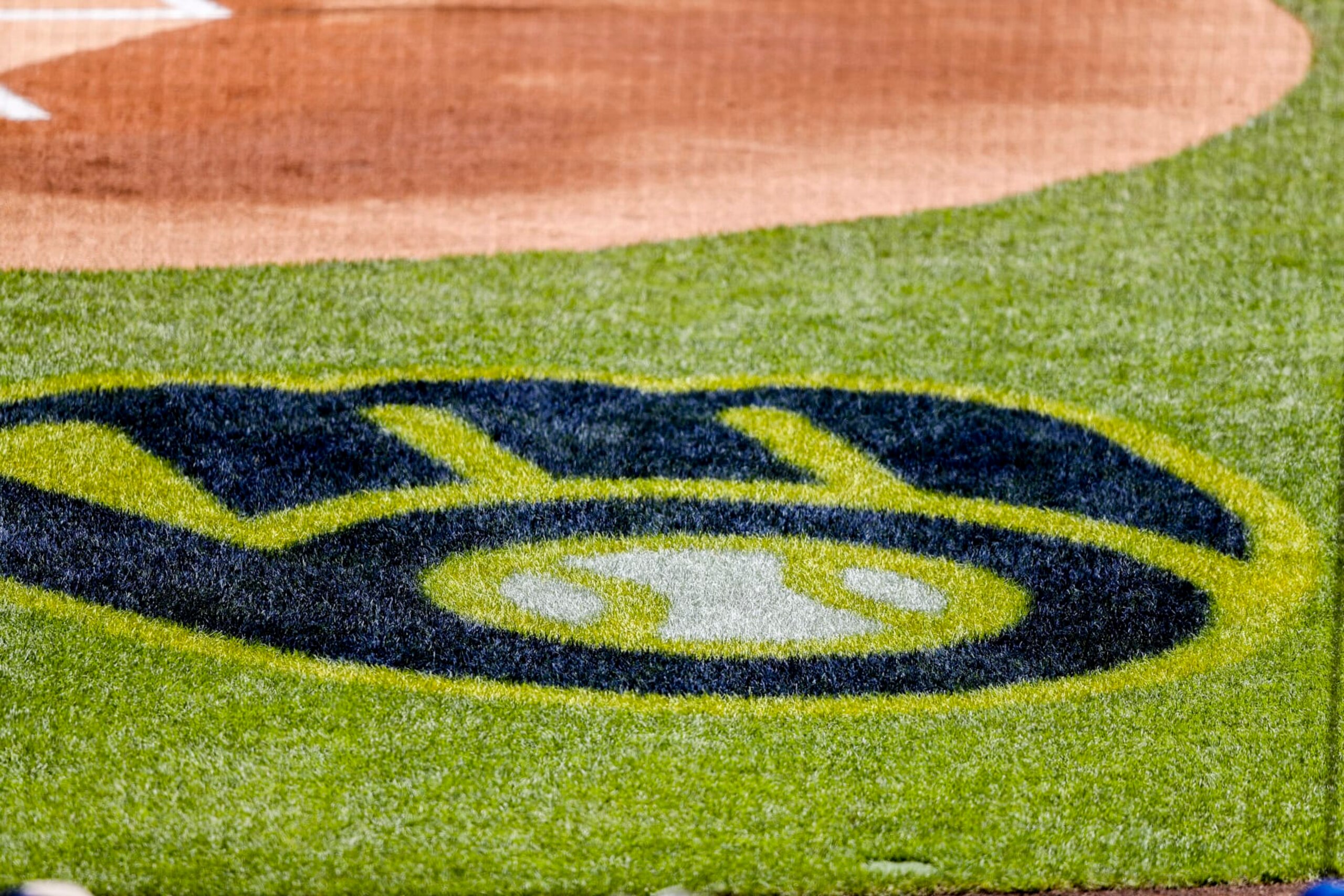 MILWAUKEE, WI - MAY 22: Brewer logo in the grass during a game between the Milwaukee Brewers and the Washington Nationals on May 22, 2022, at American Family Field in Milwaukee, WI. (Photo by Lawrence Iles/Icon Sportswire via Getty Images)