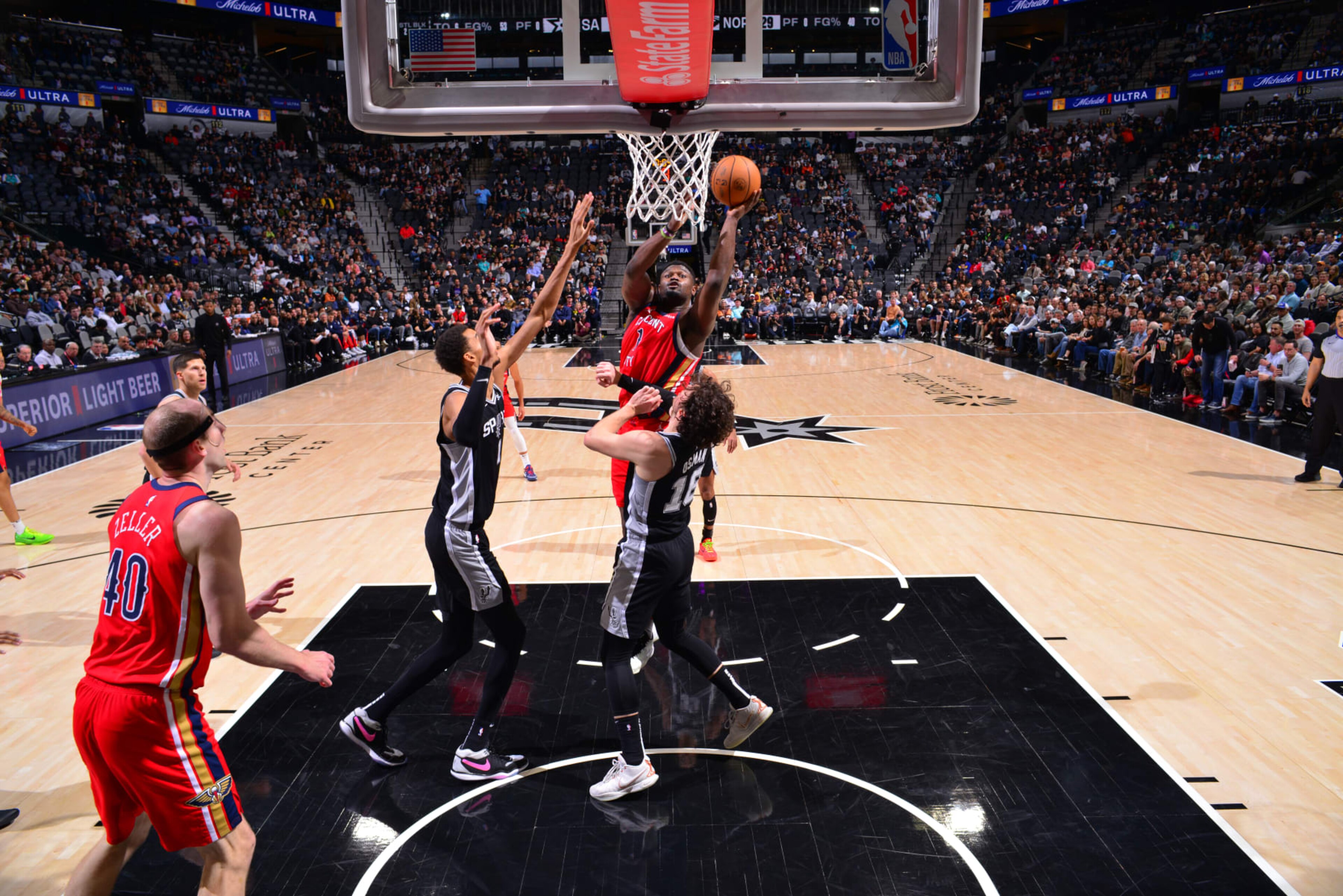 SAN ANTONIO, TX - FEBRUARY 2: Zion Williamson #1 of the New Orleans Pelicans drives to the basket during the game against the San Antonio Spurs on February 2, 2024 at the Frost Bank Center in San Antonio, Texas. NOTE TO USER: User expressly acknowledges and agrees that, by downloading and or using this photograph, user is consenting to the terms and conditions of the Getty Images License Agreement. Mandatory Copyright Notice: Copyright 2024 NBAE (Photos by Barry Gossage/NBAE via Getty Images)