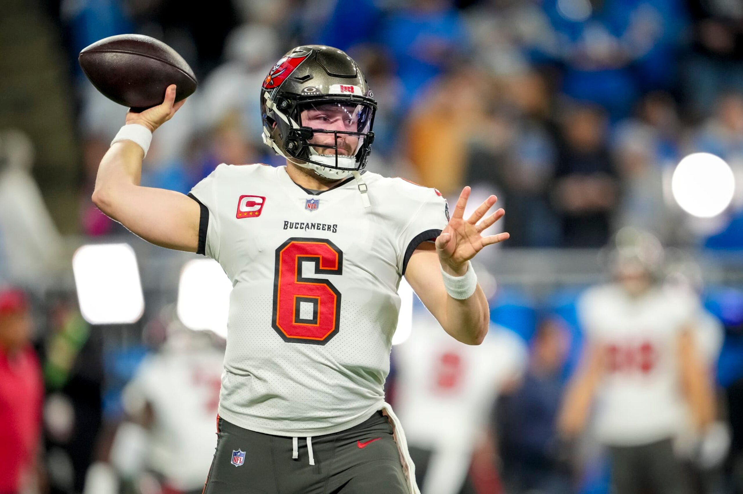 DETROIT, MICHIGAN - JANUARY 21: Baker Mayfield #6 of the Tampa Bay Buccaneers passes the ball against the Detroit Lions at Ford Field on January 21, 2024 in Detroit, Michigan. (Photo by Nic Antaya/Getty Images)