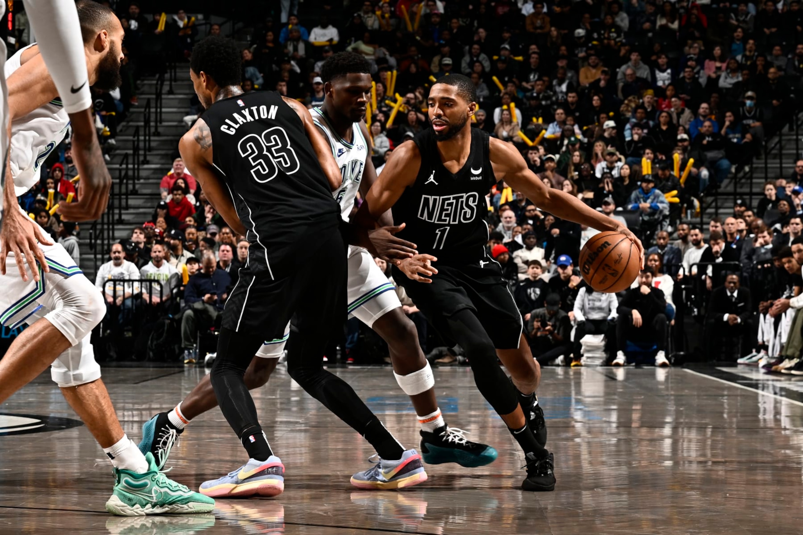BROOKLYN, NY - JANUARY 25: Mikal Bridges #1 of the Brooklyn Nets drives to the basket during the game against the Minnesota Timberwolves on January 25, 2024 at Barclays Center in Brooklyn, New York. NOTE TO USER: User expressly acknowledges and agrees that, by downloading and or using this Photograph, user is consenting to the terms and conditions of the Getty Images License Agreement. Mandatory Copyright Notice: Copyright 2024 NBAE (Photo by David Dow/NBAE via Getty Images)