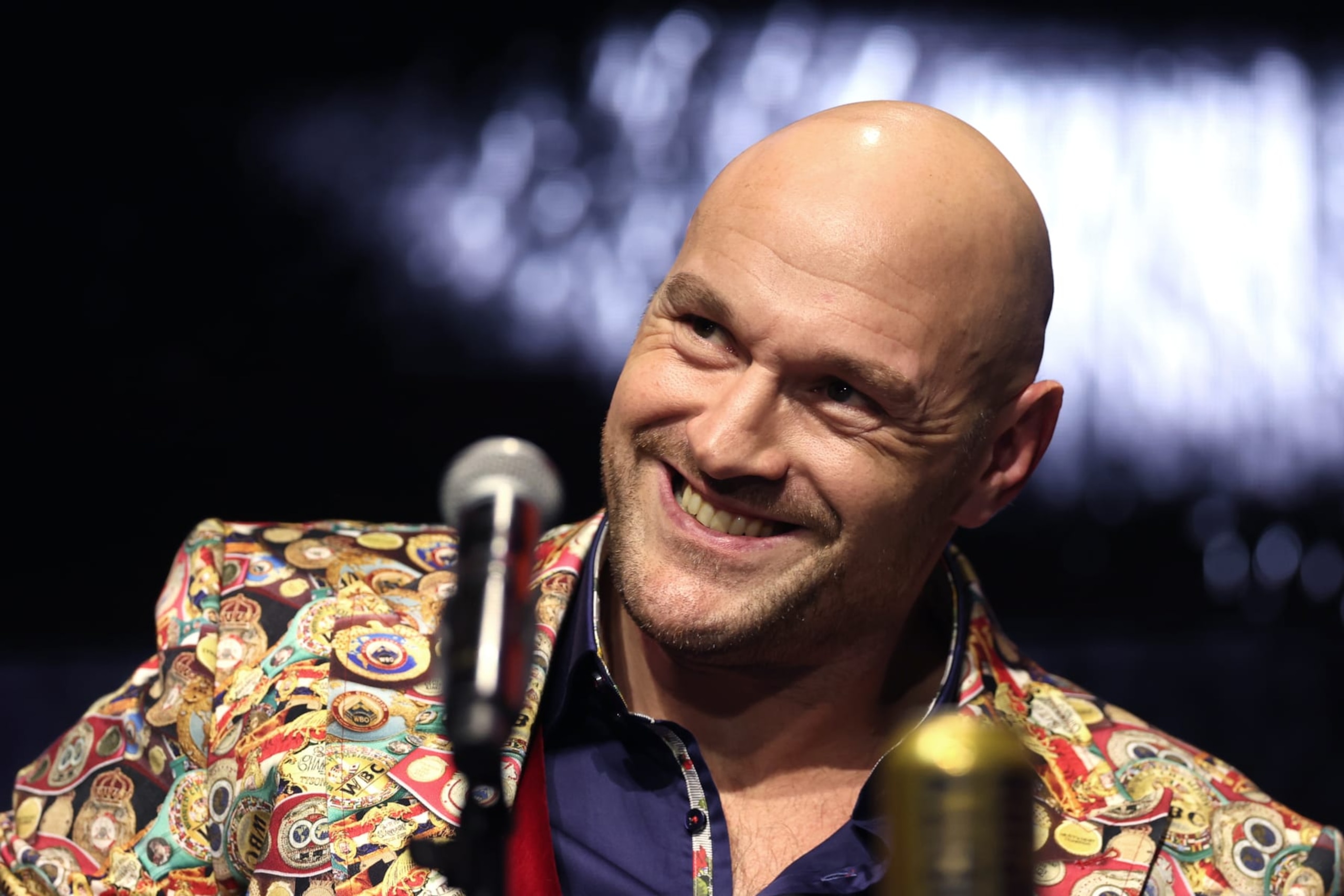 LONDON, ENGLAND - NOVEMBER 16: Tyson Fury reacts during the Tyson Fury v Oleksandr Usyk Press Conference at Outernet London on November 16, 2023 in London, England. (Photo by Alex Pantling/Getty Images)