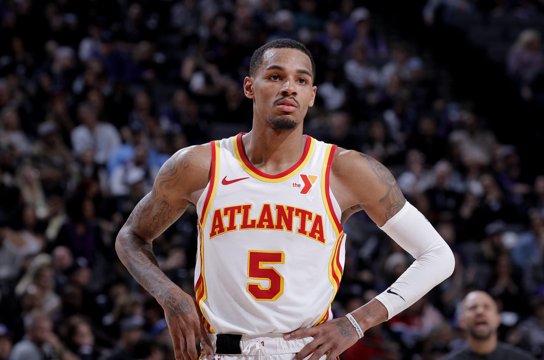 SACRAMENTO, CA - JANUARY 22: Dejounte Murray #5 of the Atlanta Hawks looks on during the game against the Sacramento Kings on January 22, 2024 at Golden 1 Center in Sacramento, California. NOTE TO USER: User expressly acknowledges and agrees that, by downloading and or using this photograph, User is consenting to the terms and conditions of the Getty Images Agreement. Mandatory Copyright Notice: Copyright 2024 NBAE (Photo by Rocky Widner/NBAE via Getty Images)