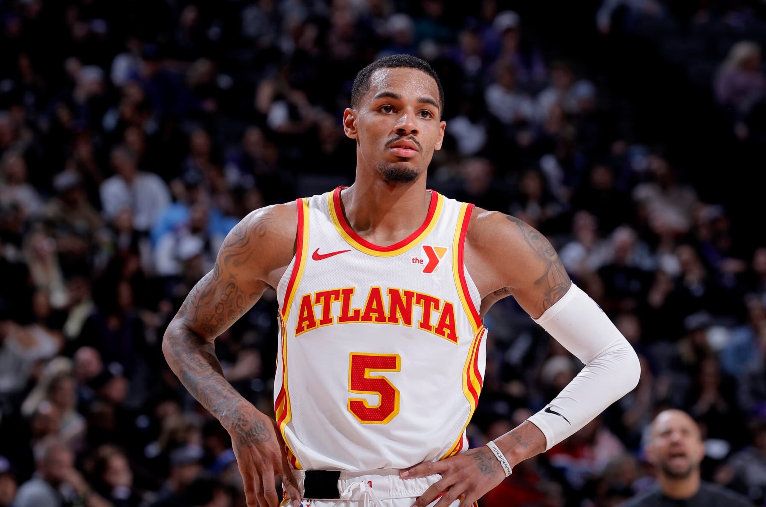 SACRAMENTO, CA - JANUARY 22: Dejounte Murray #5 of the Atlanta Hawks looks on during the game against the Sacramento Kings on January 22, 2024 at Golden 1 Center in Sacramento, California. NOTE TO USER: User expressly acknowledges and agrees that, by downloading and or using this photograph, User is consenting to the terms and conditions of the Getty Images Agreement. Mandatory Copyright Notice: Copyright 2024 NBAE (Photo by Rocky Widner/NBAE via Getty Images)