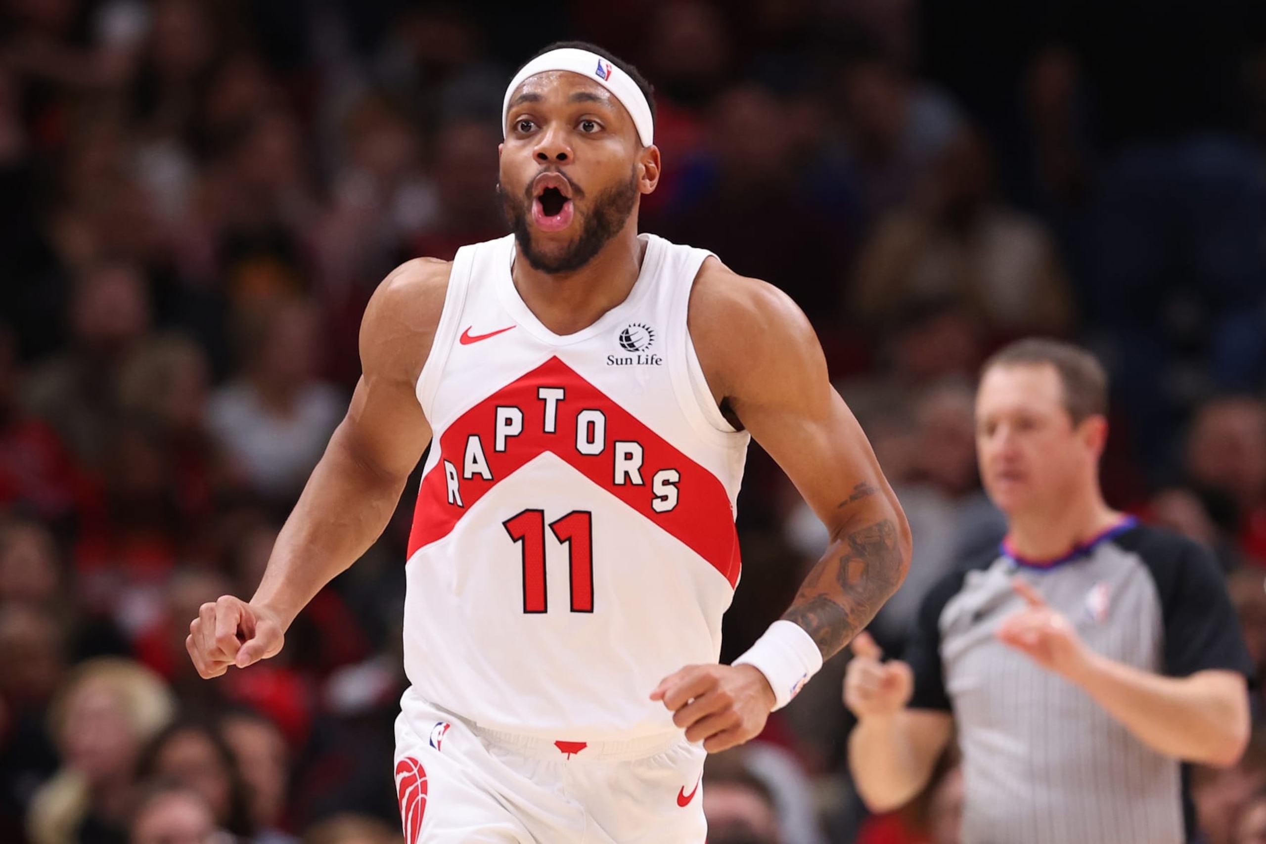 CHICAGO, ILLINOIS - JANUARY 30: Bruce Brown #11 of the Toronto Raptors reacts against the Chicago Bulls during the second half at the United Center on January 30, 2024 in Chicago, Illinois. NOTE TO USER: User expressly acknowledges and agrees that, by downloading and or using this photograph, User is consenting to the terms and conditions of the Getty Images License Agreement.  (Photo by Michael Reaves/Getty Images)