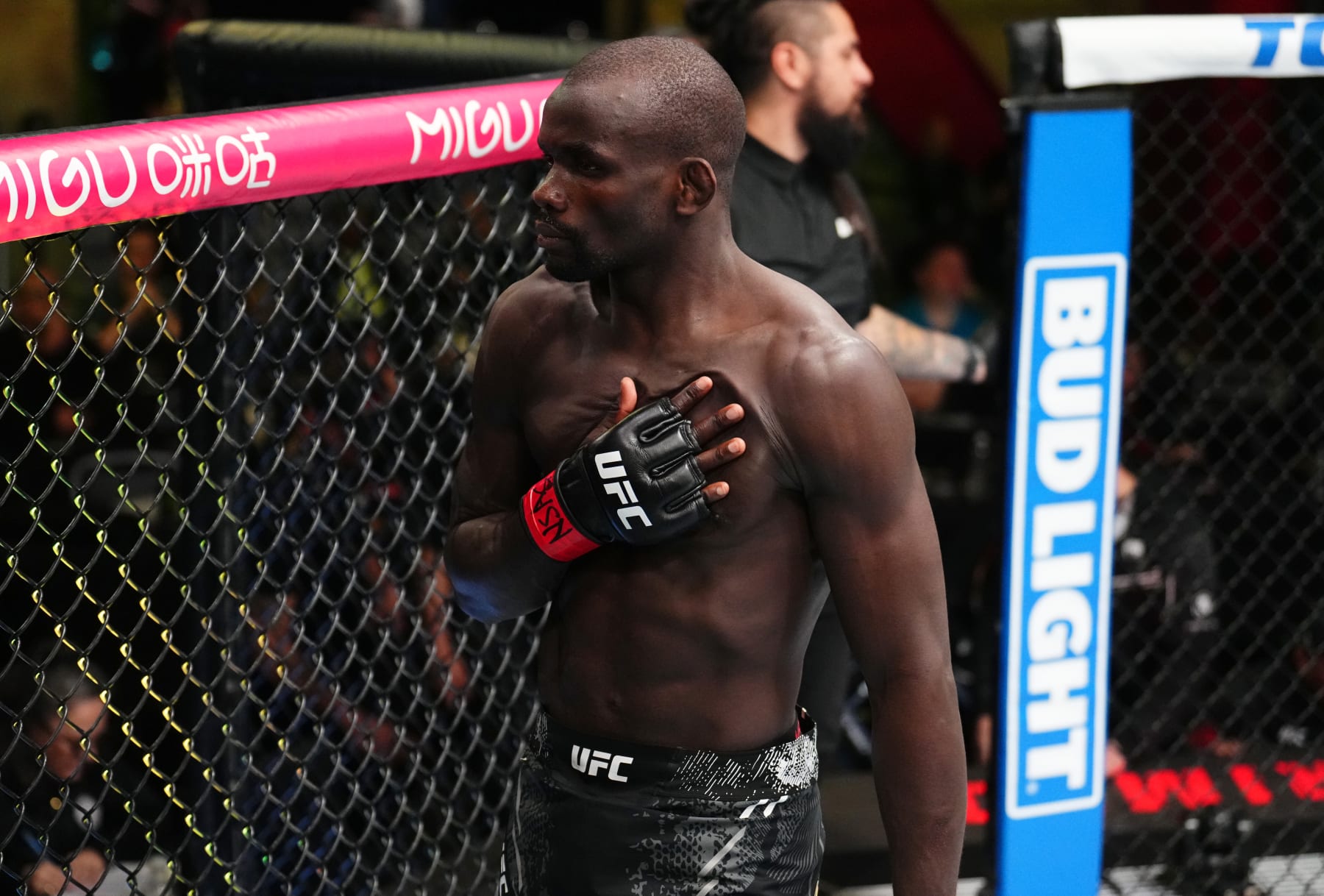 LAS VEGAS, NEVADA - FEBRUARY 03: Themba Gorimbo of Zimbabwe reacts after his knockout victory over Pete Rodriguez in a welterweight fight during the UFC Fight Night event at UFC APEX on February 03, 2024 in Las Vegas, Nevada. (Photo by Chris Unger/Zuffa LLC via Getty Images)