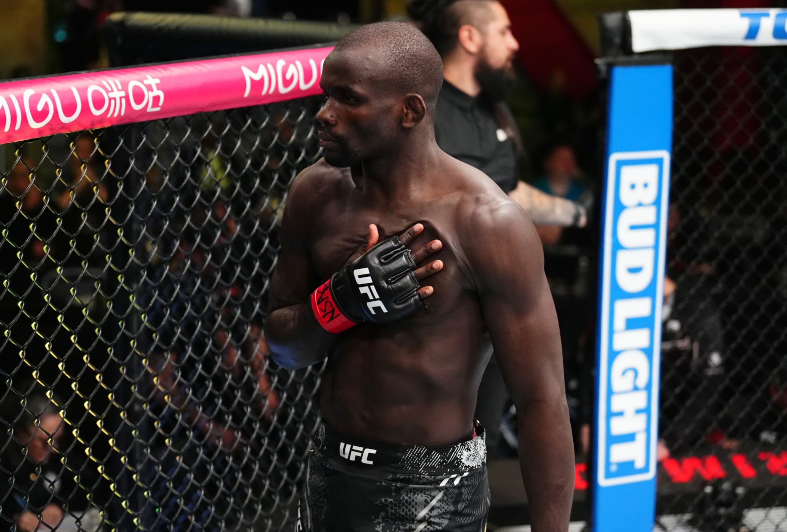 LAS VEGAS, NEVADA - FEBRUARY 03: Themba Gorimbo of Zimbabwe reacts after his knockout victory over Pete Rodriguez in a welterweight fight during the UFC Fight Night event at UFC APEX on February 03, 2024 in Las Vegas, Nevada. (Photo by Chris Unger/Zuffa LLC via Getty Images) LAS VEGAS, NEVADA - FEBRUARY 03: Themba Gorimbo of Zimbabwe reacts after his knockout victory over Pete Rodriguez in a welterweight fight during the UFC Fight Night event at UFC APEX on February 03, 2024 in Las Vegas, Nevada. (Photo by Chris Unger/Zuffa LLC via Getty Images)