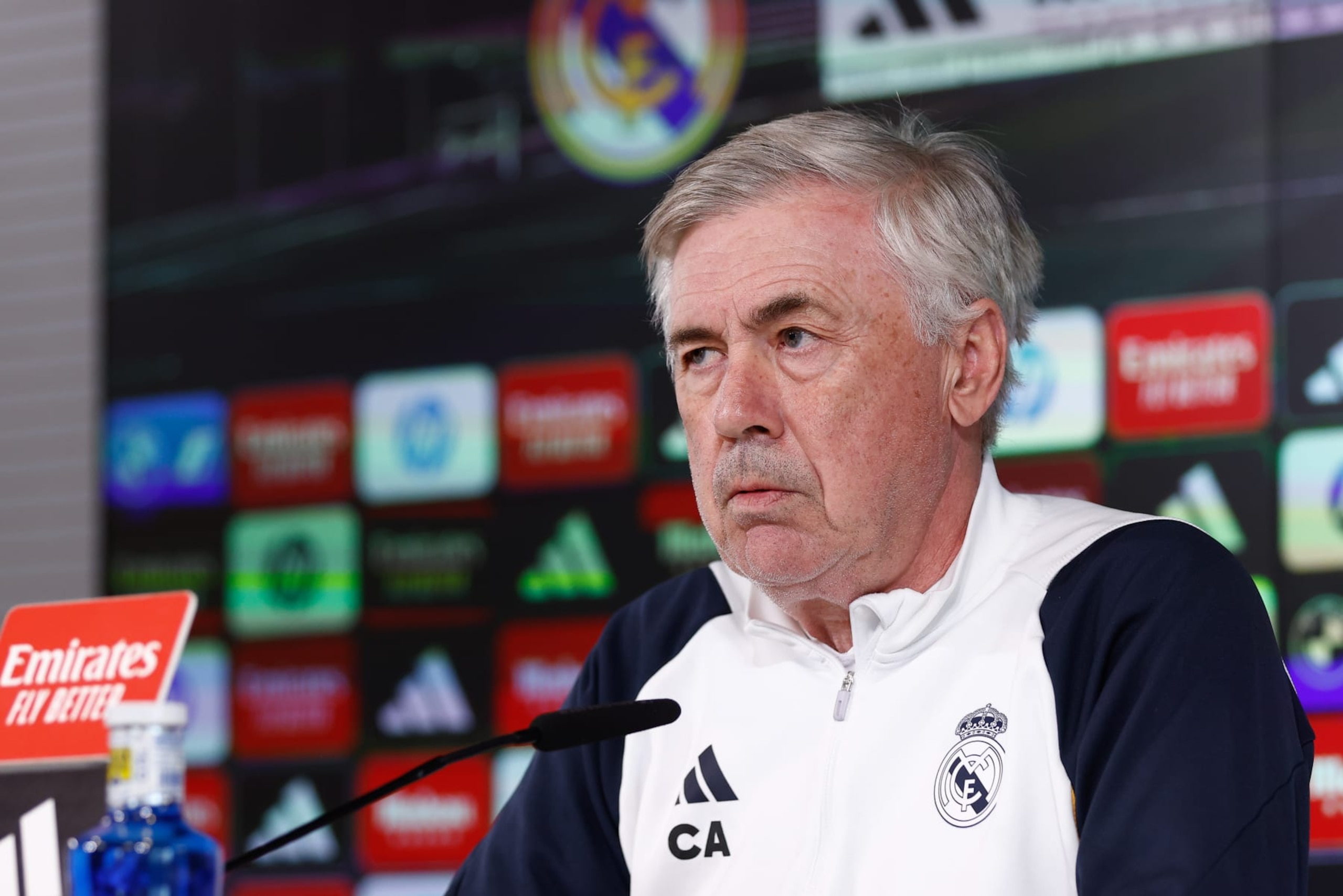 VALDEBEBAS, SPAIN - FEBRUARY 03: Carlo Ancelotti, head coach of Real Madrid, attends his press conference during the training day of Real Madrid before the LaLiga EA Sports football match against Atletico de Madrid at Ciudad Deportiva Real madrid on February 03, 2024 in Valdebebas, Madrid, Spain. (Photo By Oscar J. Barroso/Europa Press via Getty Images)