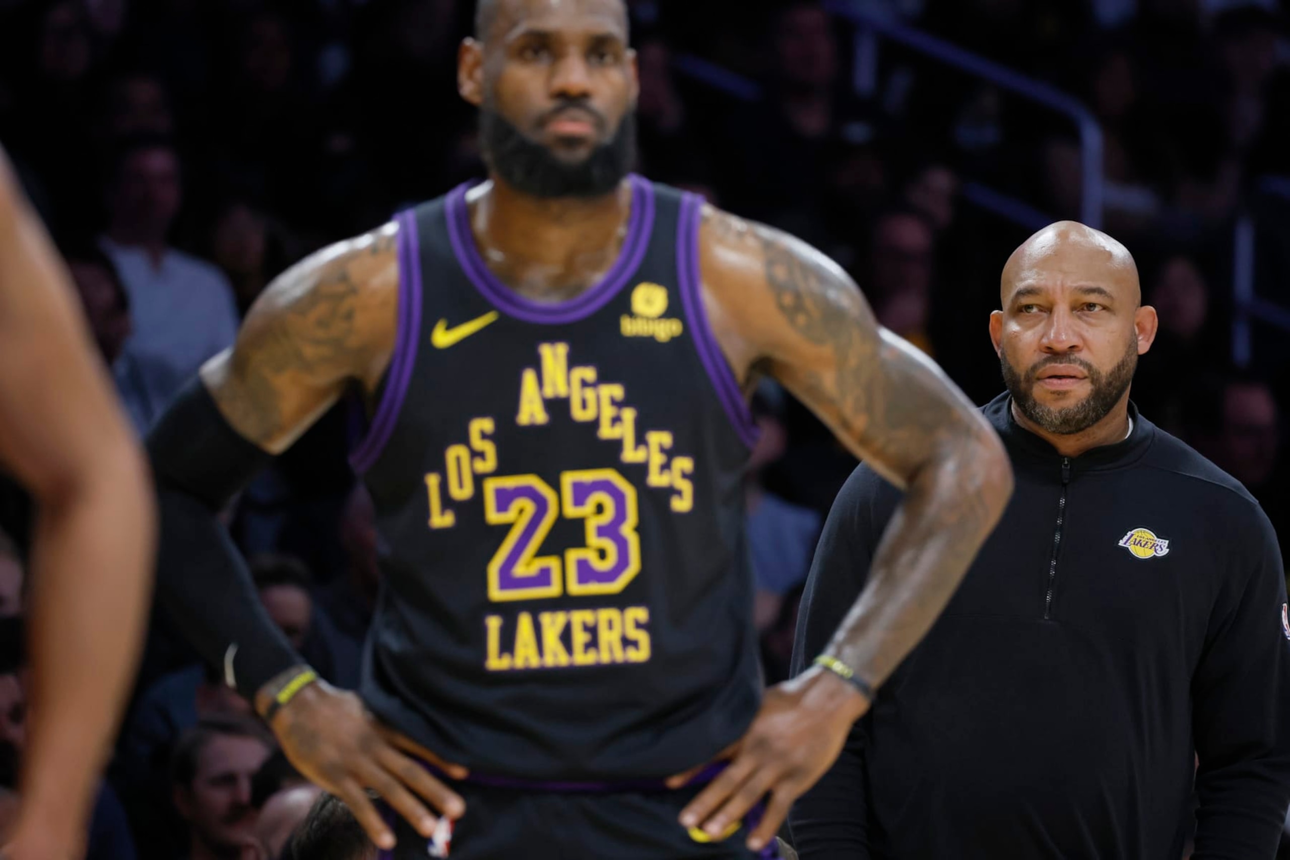 Los Angeles, CA, Tuesday, January 9, 2024 - Darvin Ham looks on from the bench during action against the Toronto Raptors at Crypto.Com Arena. (Robert Gauthier/Los Angeles Times via Getty Images)