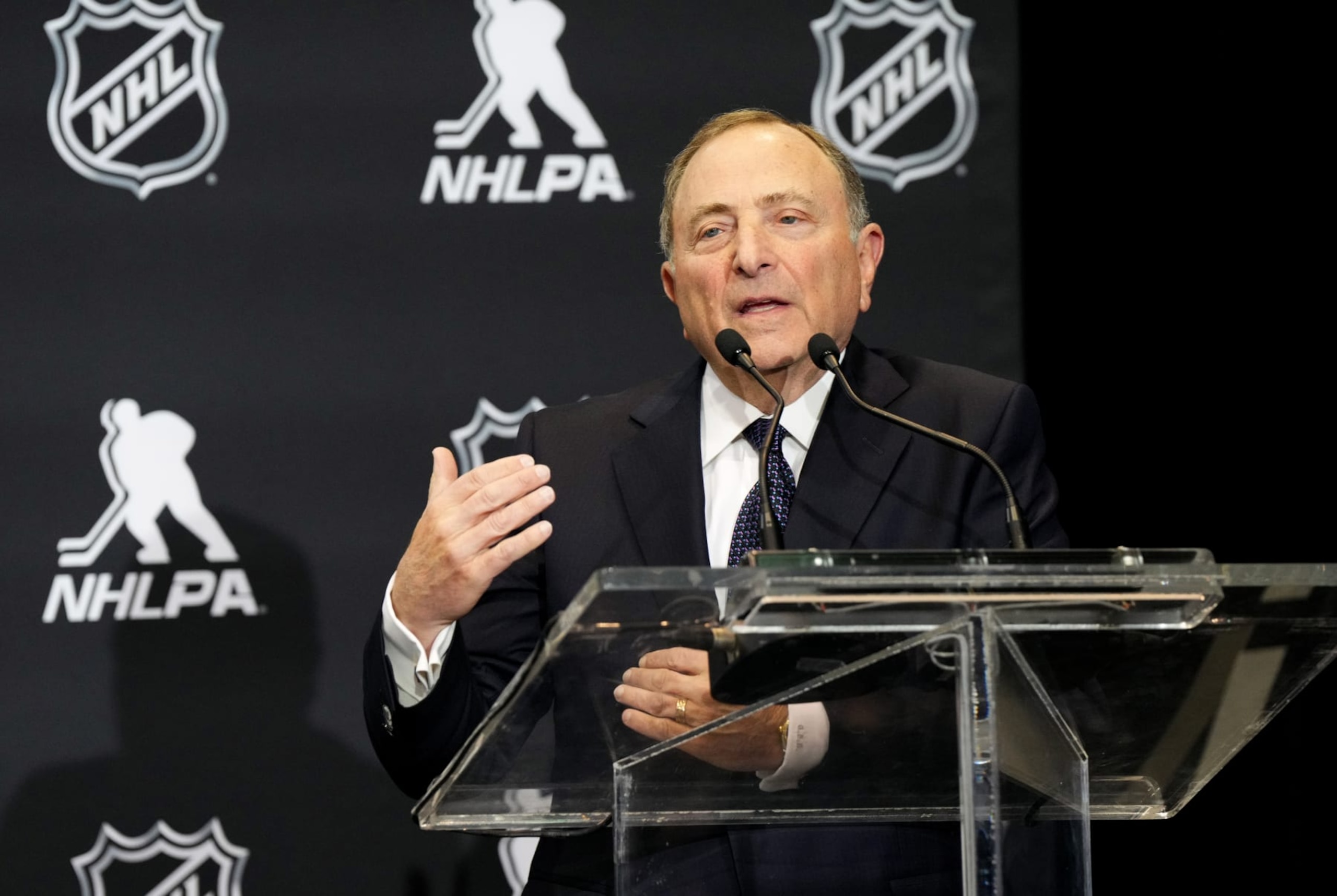 TORONTO, ONTARIO - FEBRUARY 02: NHL Commissioner Gary Bettman speaks a press conference at the 2024 NHL All-Star weekend at Scotiabank Arena on February 02, 2024 in Toronto, Ontario. (Photo by Andrea Cardin/NHLI via Getty Images)
