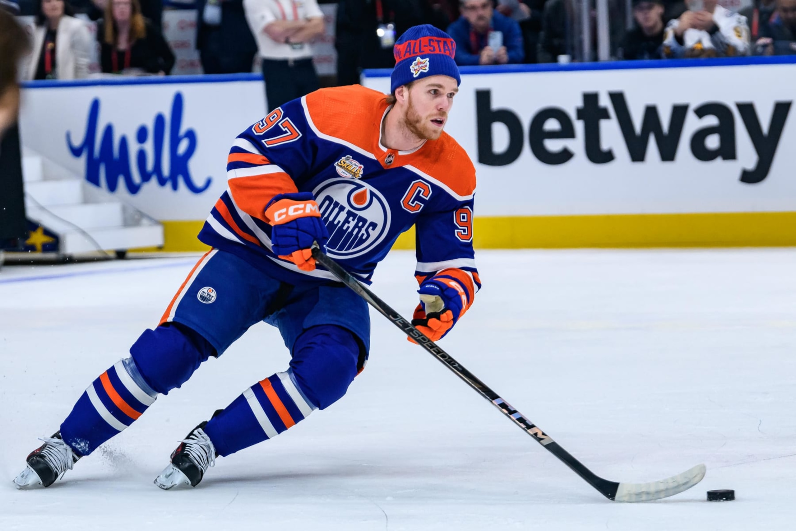 TORONTO, ON - FEBRUARY 02: Edmonton Oilers Center Connor McDavid (97) skates with the puck during the 2024 NHL All-Star Skills competition at Scotiabank Arena on February 02, 2024 in Toronto, Ontario, Canada. (Photo by Julian Avram/Icon Sportswire via Getty Images)