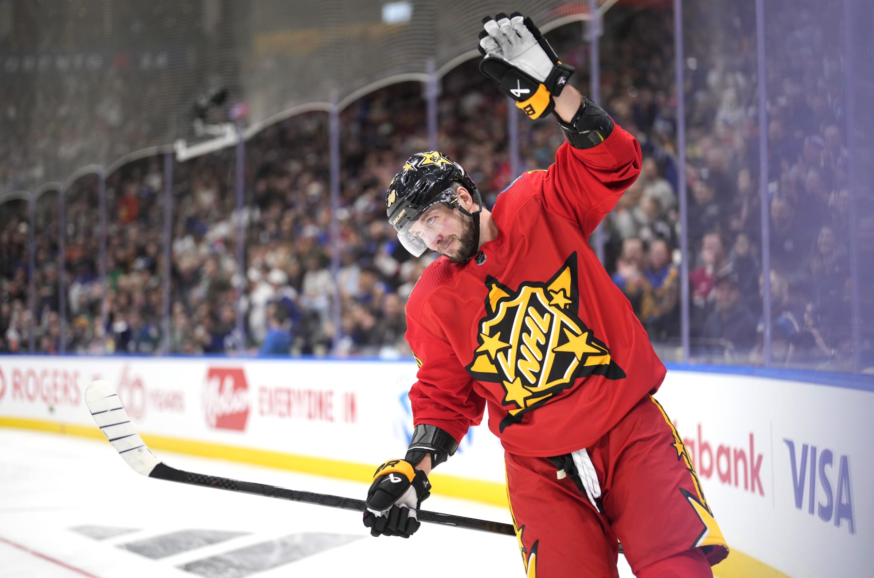 TORONTO, ONTARIO - FEBRUARY 03: Nikita Kucherov #86 of the Tampa Bay Lightning of Team Hughes waves to the arena fans after his shoot out attempt against Team Matthews during the 2024 Honda NHL All-Star Game at Scotiabank Arena on February 03, 2024 in Toronto, Ontario, Canada. (Photo by Kevin Sousa/NHLI via Getty Images)