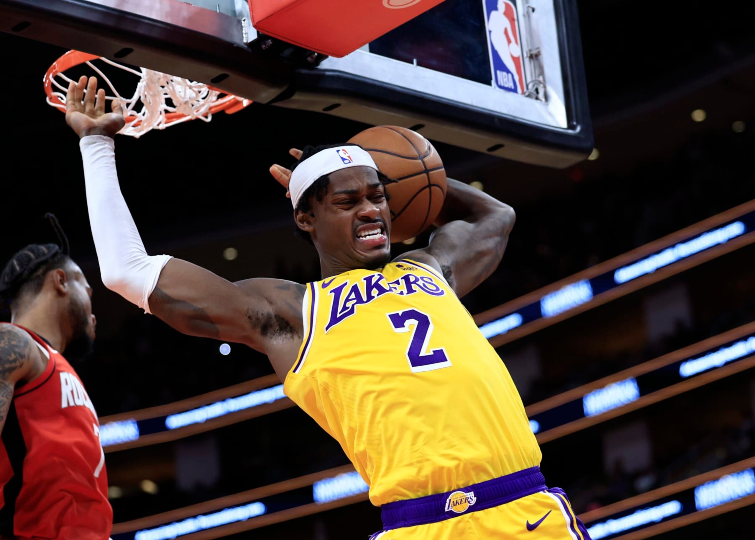 HOUSTON, TEXAS - JANUARY 29: Jarred Vanderbilt #2 of the Los Angeles Lakers dunks the ball against the Houston Rockets during the first half at Toyota Center on January 29, 2024 in Houston, Texas. NOTE TO USER: User expressly acknowledges and agrees that, by downloading and or using this photograph, User is consenting to the terms and conditions of the Getty Images License Agreement.  (Photo by Carmen Mandato/Getty Images)