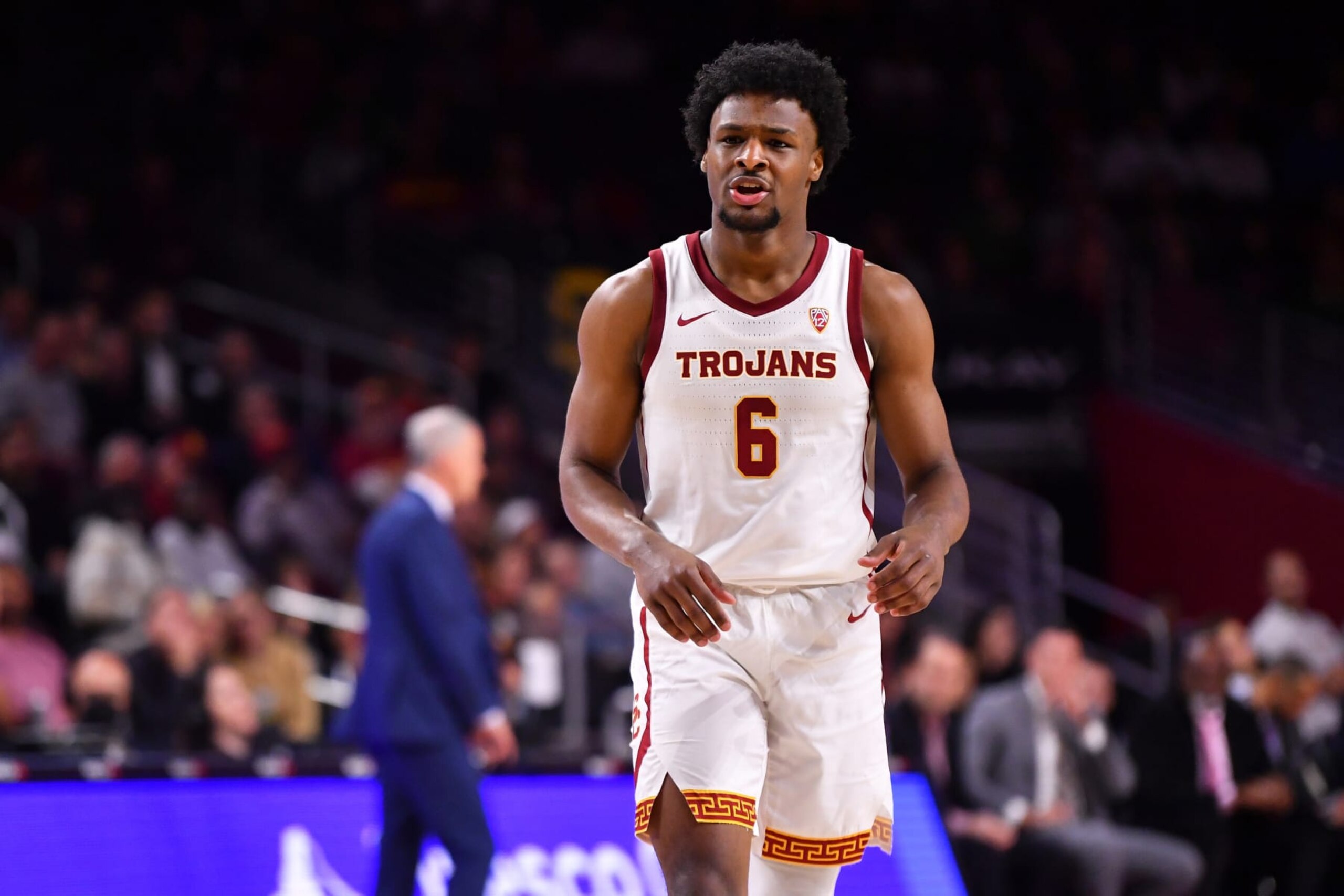 LOS ANGELES, CA - FEBRUARY 01: USC Trojans guard Bronny James (6) looks on during the college basketball game between the Oregon Ducks and the USC Trojans on February 1, 2024 at Galen Center in Los Angeles, CA. (Photo by Brian Rothmuller/Icon Sportswire via Getty Images) LOS ANGELES, CA - FEBRUARY 01: USC Trojans guard Bronny James (6) looks on during the college basketball game between the Oregon Ducks and the USC Trojans on February 1, 2024 at Galen Center in Los Angeles, CA. (Photo by Brian Rothmuller/Icon Sportswire via Getty Images)