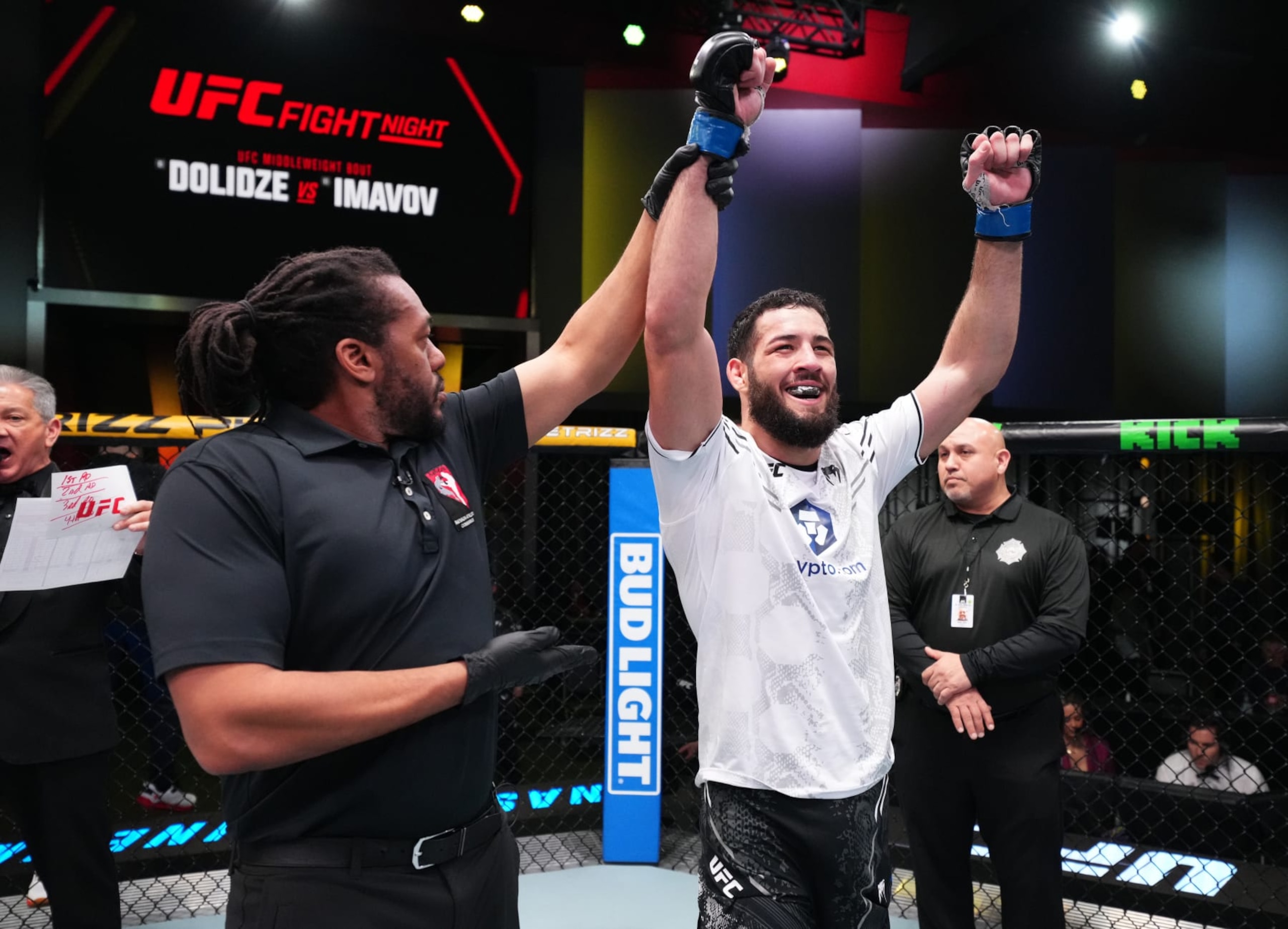 LAS VEGAS, NEVADA - FEBRUARY 03: Nassourdine Imavov of Russia reacts after his victory over Roman Dolidze of Georgia in a middleweight fight during the UFC Fight Night event at UFC APEX on February 03, 2024 in Las Vegas, Nevada. (Photo by Chris Unger/Zuffa LLC via Getty Images) LAS VEGAS, NEVADA - FEBRUARY 03: Nassourdine Imavov of Russia reacts after his victory over Roman Dolidze of Georgia in a middleweight fight during the UFC Fight Night event at UFC APEX on February 03, 2024 in Las Vegas, Nevada. (Photo by Chris Unger/Zuffa LLC via Getty Images)