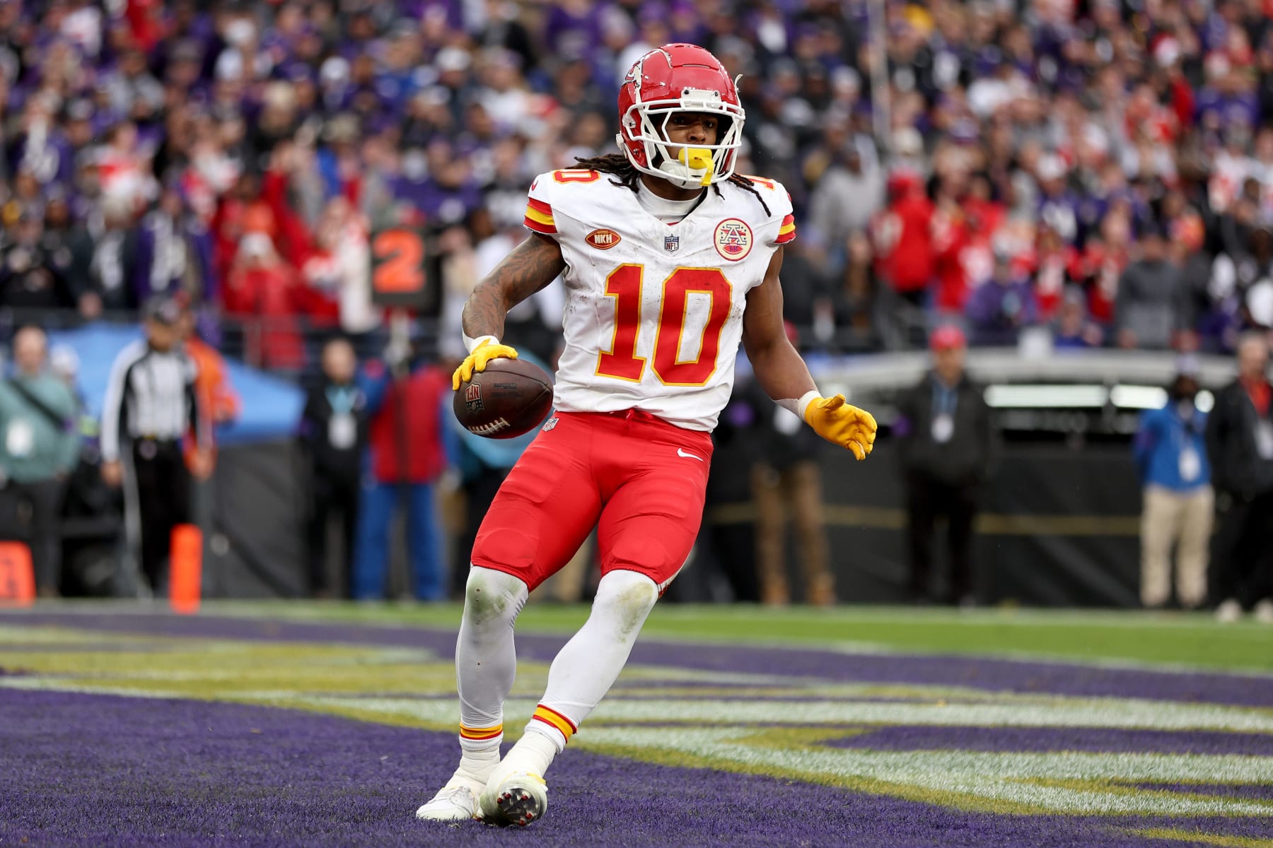 BALTIMORE, MARYLAND - JANUARY 28: Isiah Pacheco #10 of the Kansas City Chiefs celebrates after a touchdown against the Baltimore Ravens during the second quarter in the AFC Championship Game at M&T Bank Stadium on January 28, 2024 in Baltimore, Maryland. (Photo by Patrick Smith/Getty Images)