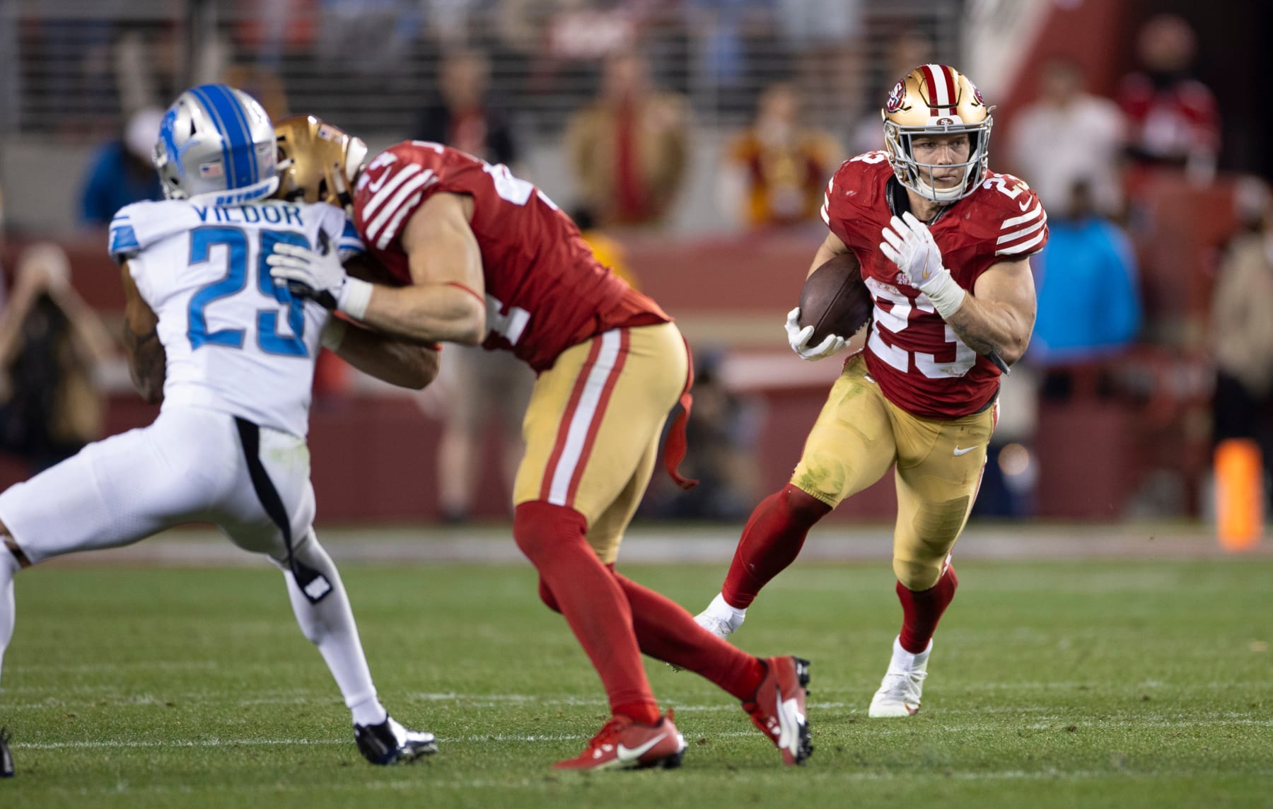 SANTA CLARA, CA - JANUARY 28: Christian McCaffrey #23 of the San Francisco 49ers rushes during the NFC Championship game against the Detroit Lions at Levi's Stadium on January 28, 2024 in Santa Clara, California. The 49ers defeated the Lions 34-31. (Photo by Michael Zagaris/San Francisco 49ers/Getty Images)