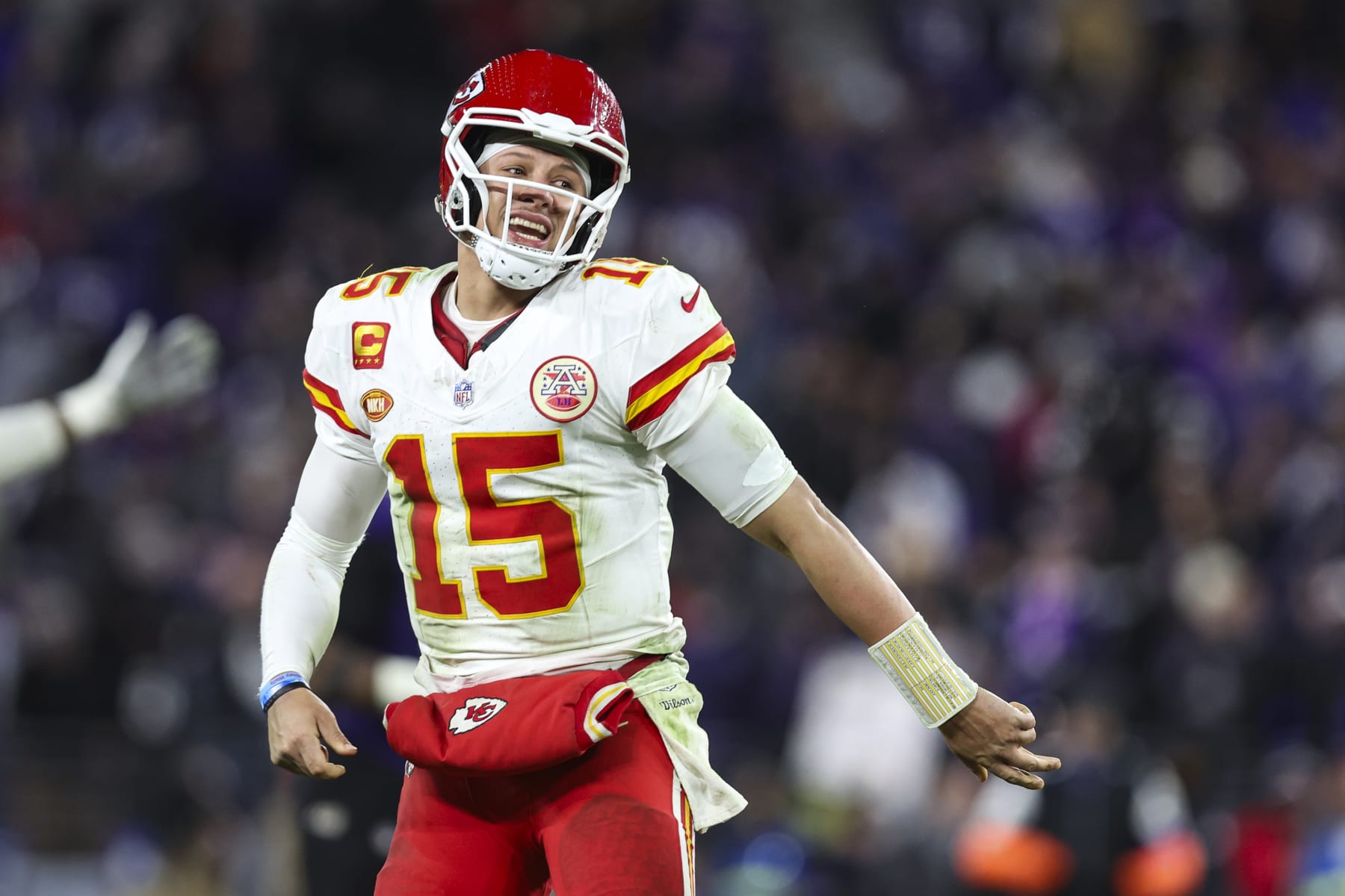 BALTIMORE, MD - JANUARY 28: Patrick Mahomes #15 of the Kansas City Chiefs celebrates during the AFC Championship NFL football game against the Baltimore Ravens at M&T Bank Stadium on January 28, 2024 in Baltimore, Maryland. (Photo by Perry Knotts/Getty Images)