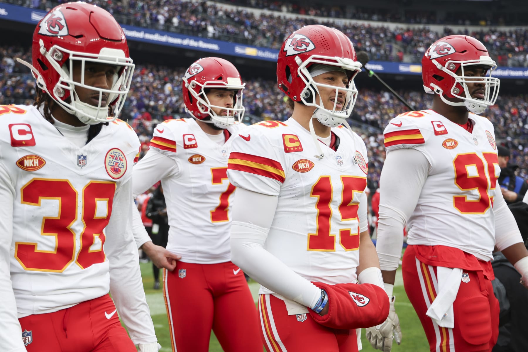 BALTIMORE, MARYLAND - JANUARY 28: Patrick Mahomes #15 of the Kansas City Chiefs walks on the field with Kansas City Chiefs team captains before the AFC championship game against the Baltimore Ravens at M&T Bank Stadium on January 28, 2024 in Baltimore, Maryland. (Photo by Kara Durrette/Getty Images)
