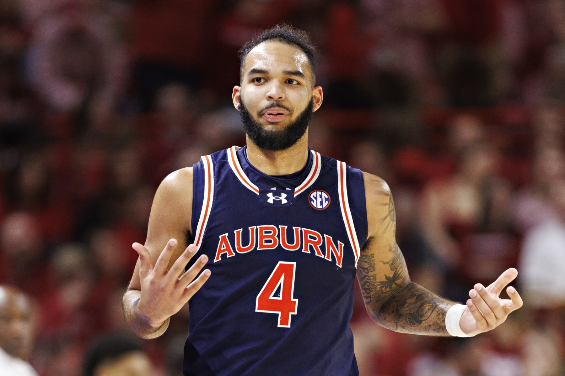 FAYETTEVILLE, ARKANSAS - JANUARY 06: Johni Broome #4 of the Auburn Tigers on the court during the game against the Arkansas Razorbacks at Bud Walton Arena on January 06, 2024 in Fayetteville, Arkansas. The Tigers defeated the Razorbacks 83-51. (Photo by Wesley Hitt/Getty Images)