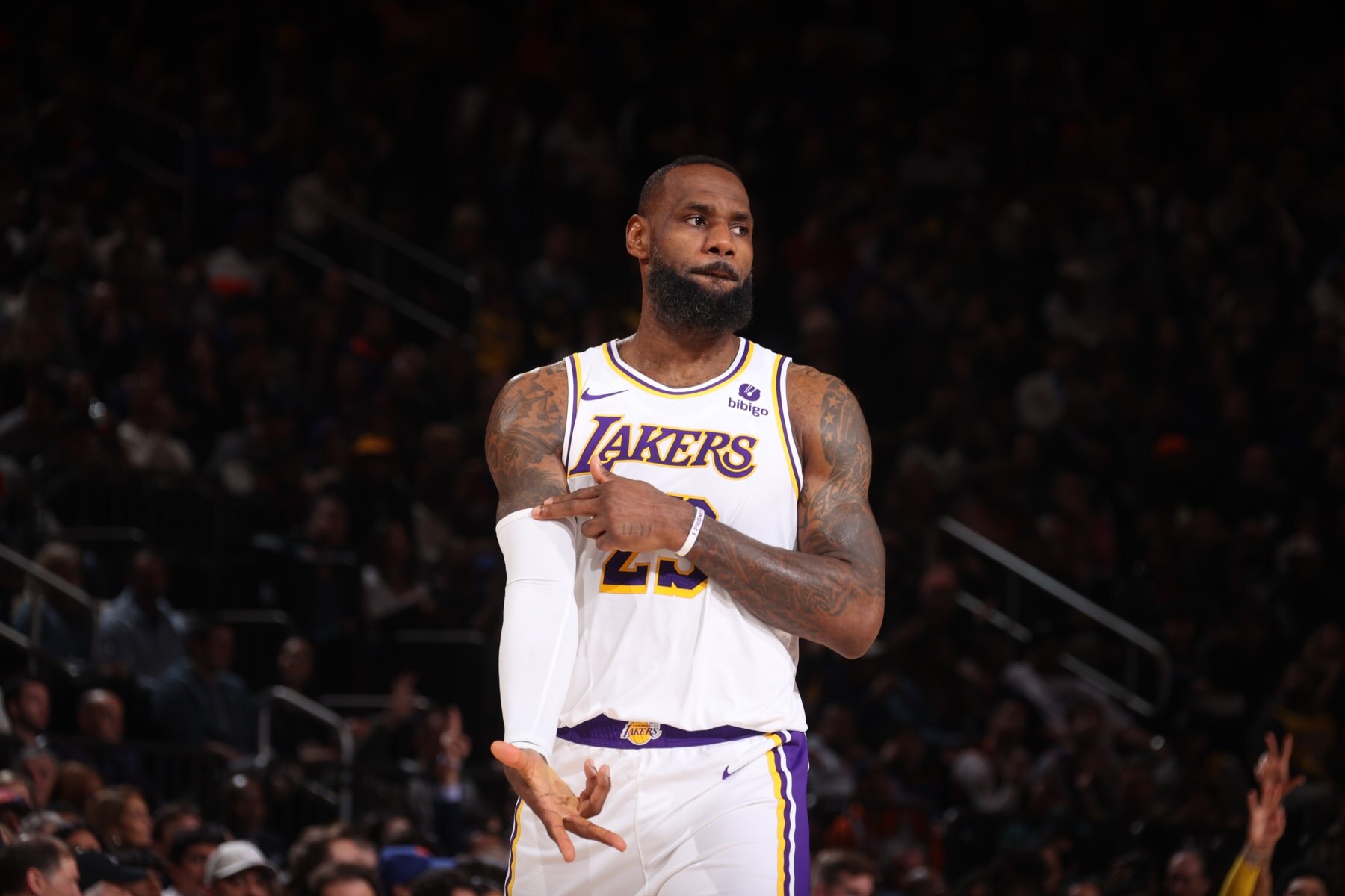 NEW YORK, NY - FEBRUARY 3: LeBron James #23 of the Los Angeles Lakers celebrates a three point basket during the game against the New York Knicks on February 3, 2024 at Madison Square Garden in New York City, New York.  NOTE TO USER: User expressly acknowledges and agrees that, by downloading and or using this photograph, User is consenting to the terms and conditions of the Getty Images License Agreement. Mandatory Copyright Notice: Copyright 2024 NBAE  (Photo by Nathaniel S. Butler/NBAE via Getty Images)