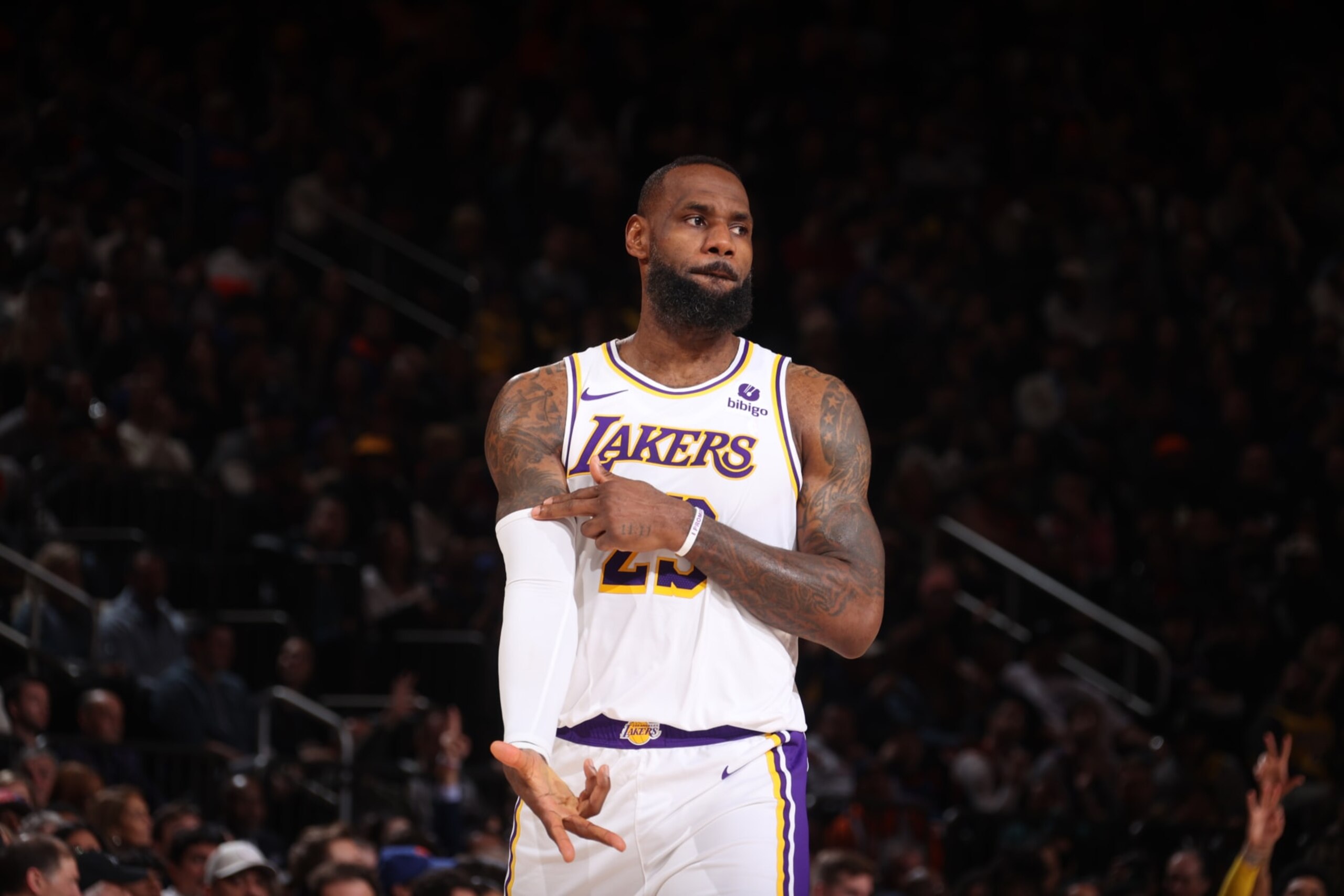 NEW YORK, NY - FEBRUARY 3: LeBron James #23 of the Los Angeles Lakers celebrates a three point basket during the game against the New York Knicks on February 3, 2024 at Madison Square Garden in New York City, New York.  NOTE TO USER: User expressly acknowledges and agrees that, by downloading and or using this photograph, User is consenting to the terms and conditions of the Getty Images License Agreement. Mandatory Copyright Notice: Copyright 2024 NBAE  (Photo by Nathaniel S. Butler/NBAE via Getty Images)