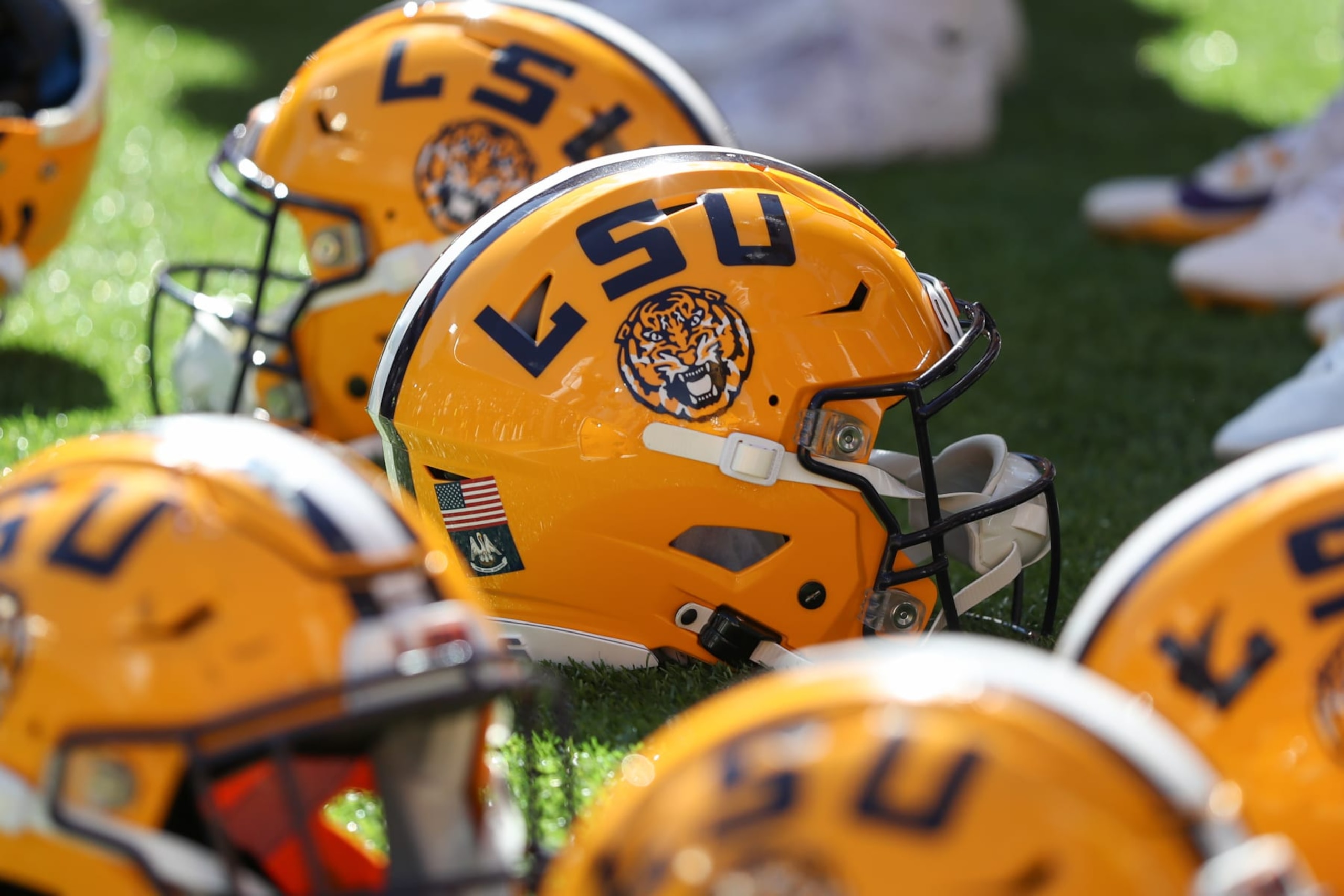 COLUMBIA, MO - OCTOBER 07: A general view of LSU helmets during an SEC football game between the LSU Tigers and Missouri Tigers on Oct 7, 2023 at Memorial Stadium in Columbia, MO. (Photo by Scott Winters/Icon Sportswire via Getty Images)